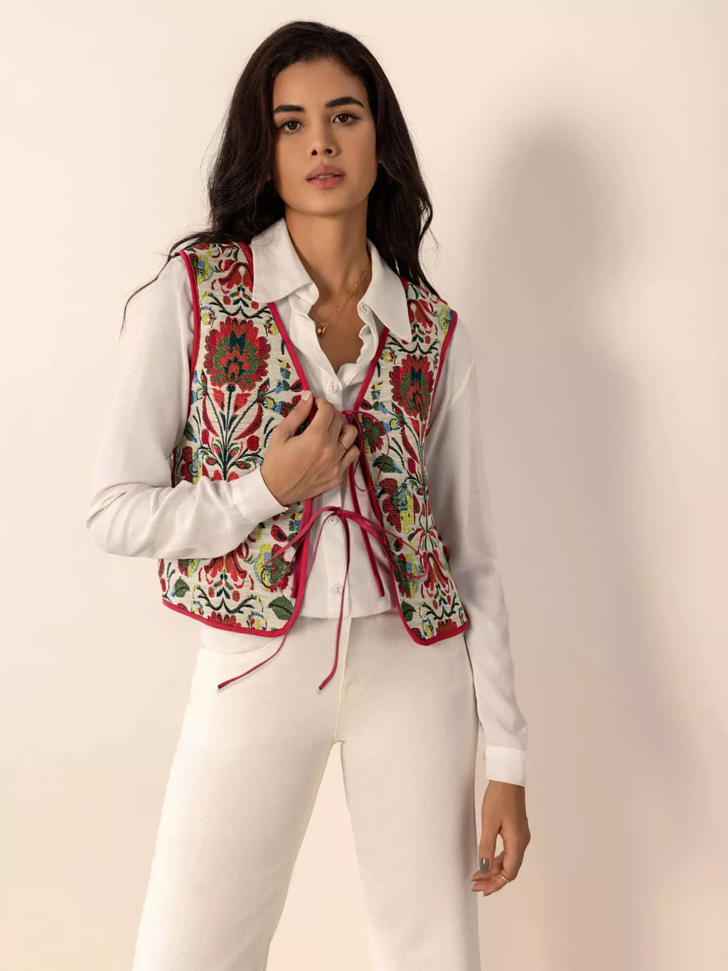Floral Embroidered Tie-Front Vest Coat - Lilixa.store