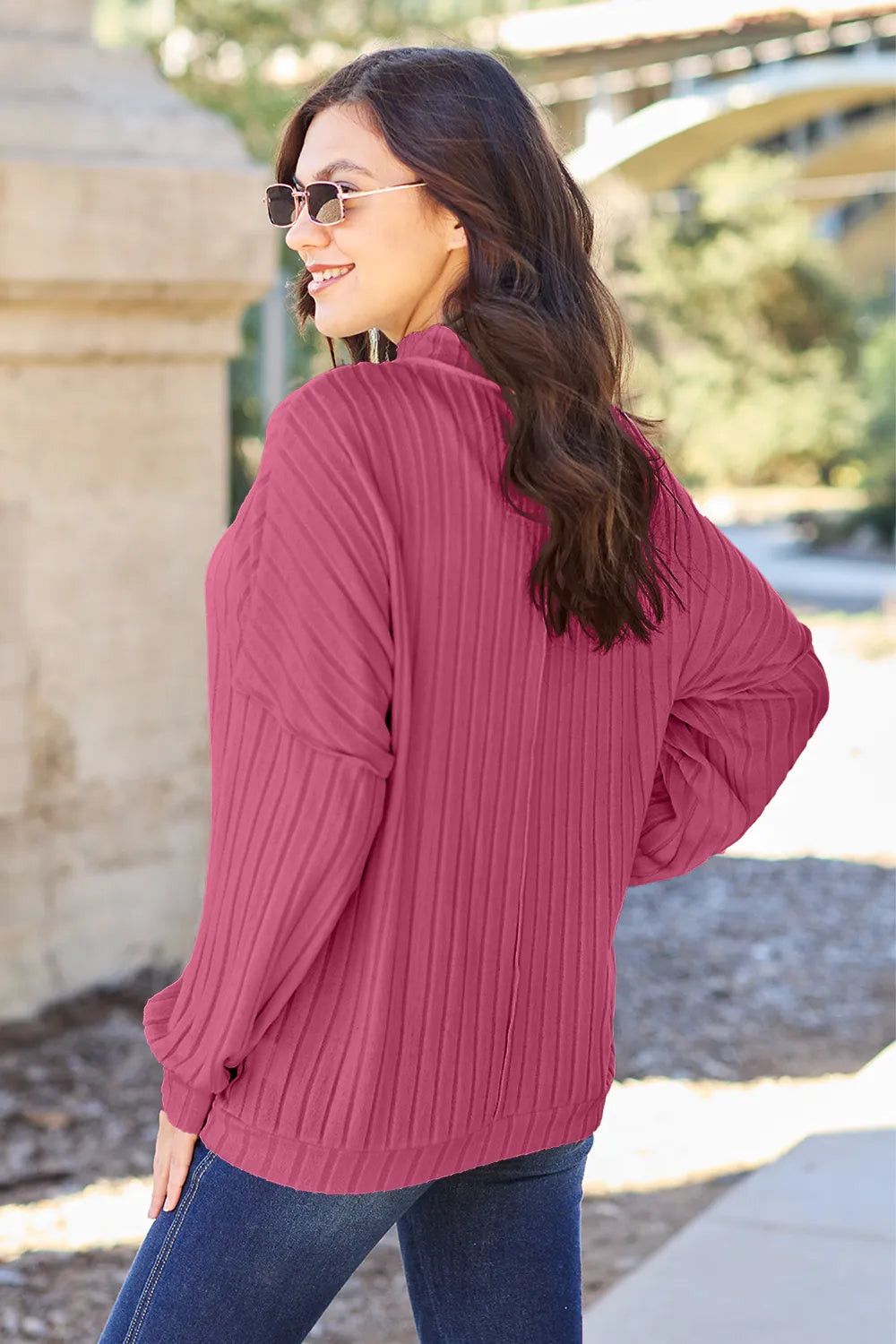 Basic Bae Full Size Ribbed Exposed Seam Mock Neck Knit Top - Lilixa.store