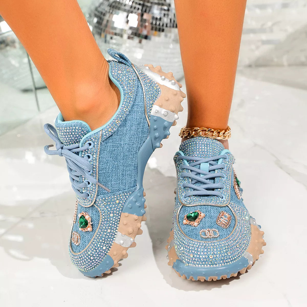 Rhinestone Round Toe Sneakers - Lilixa.store