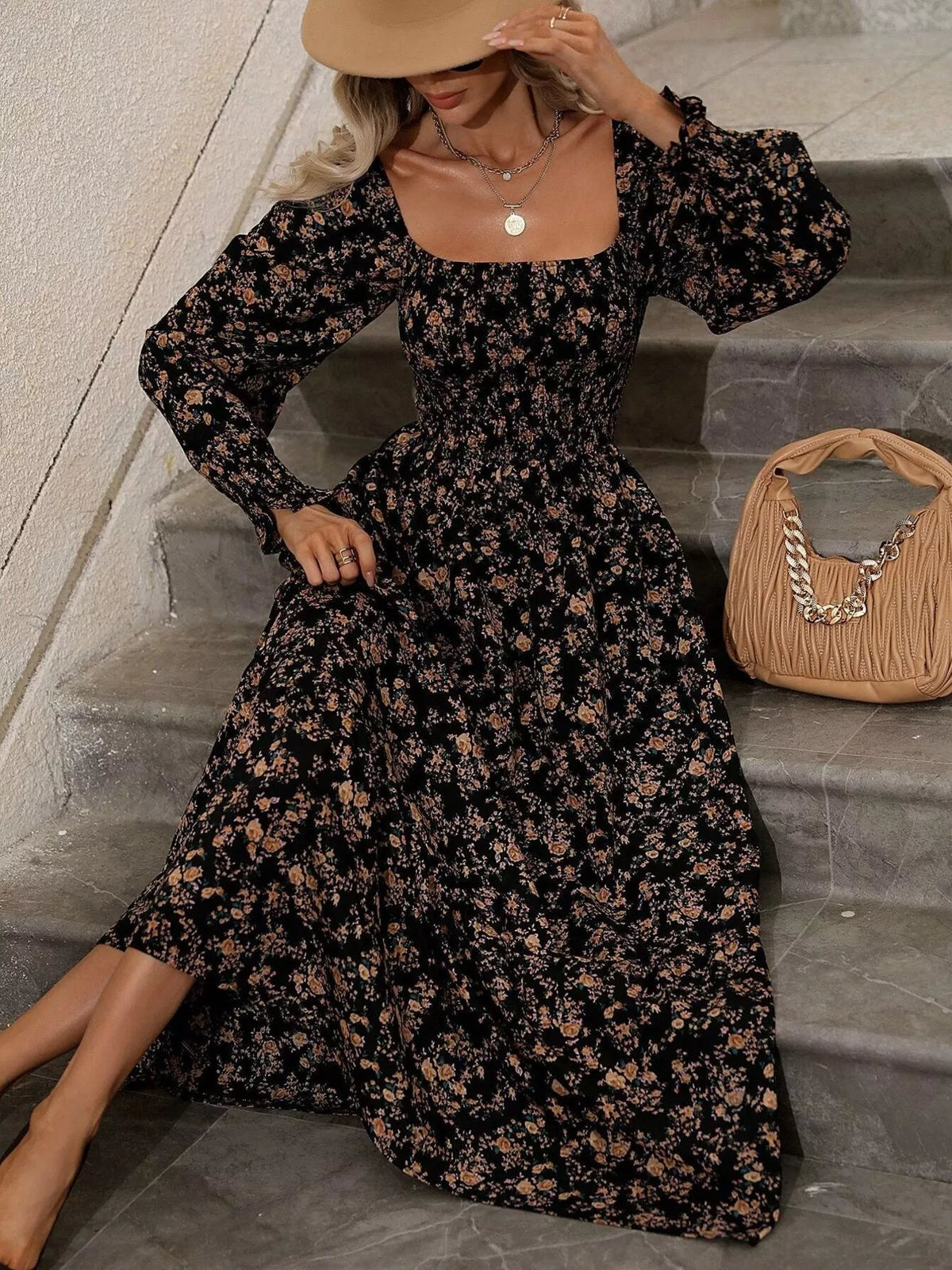 Floral Print Square Neck Smocked Midi Dress - Lilixa.store