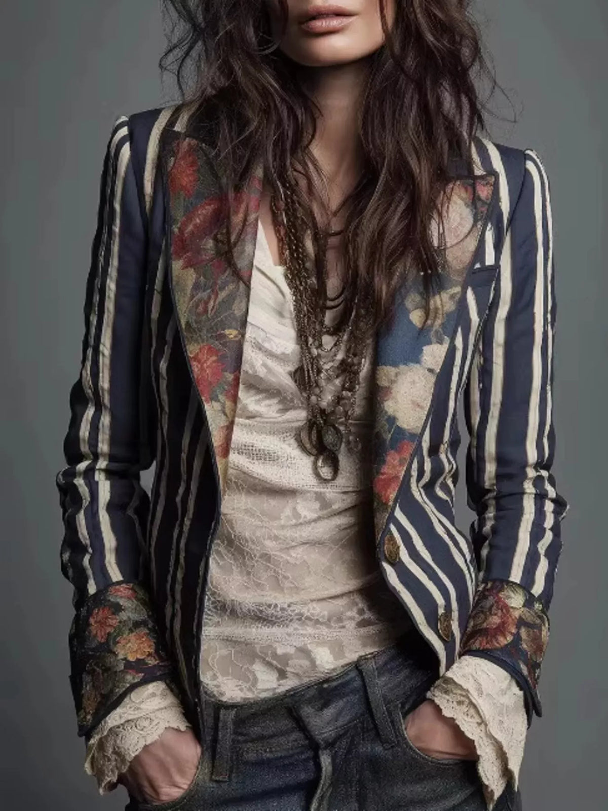 Striped Floral Contrast Slim Fit Blazer - Lilixa.store