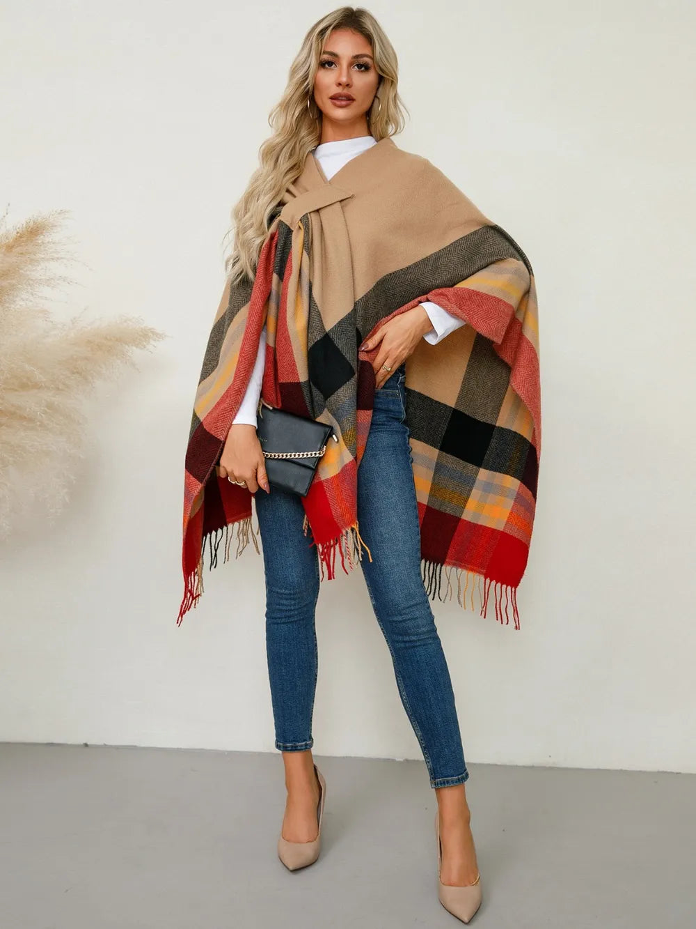Fringe Contrast Plaid Poncho - Lilixa.store