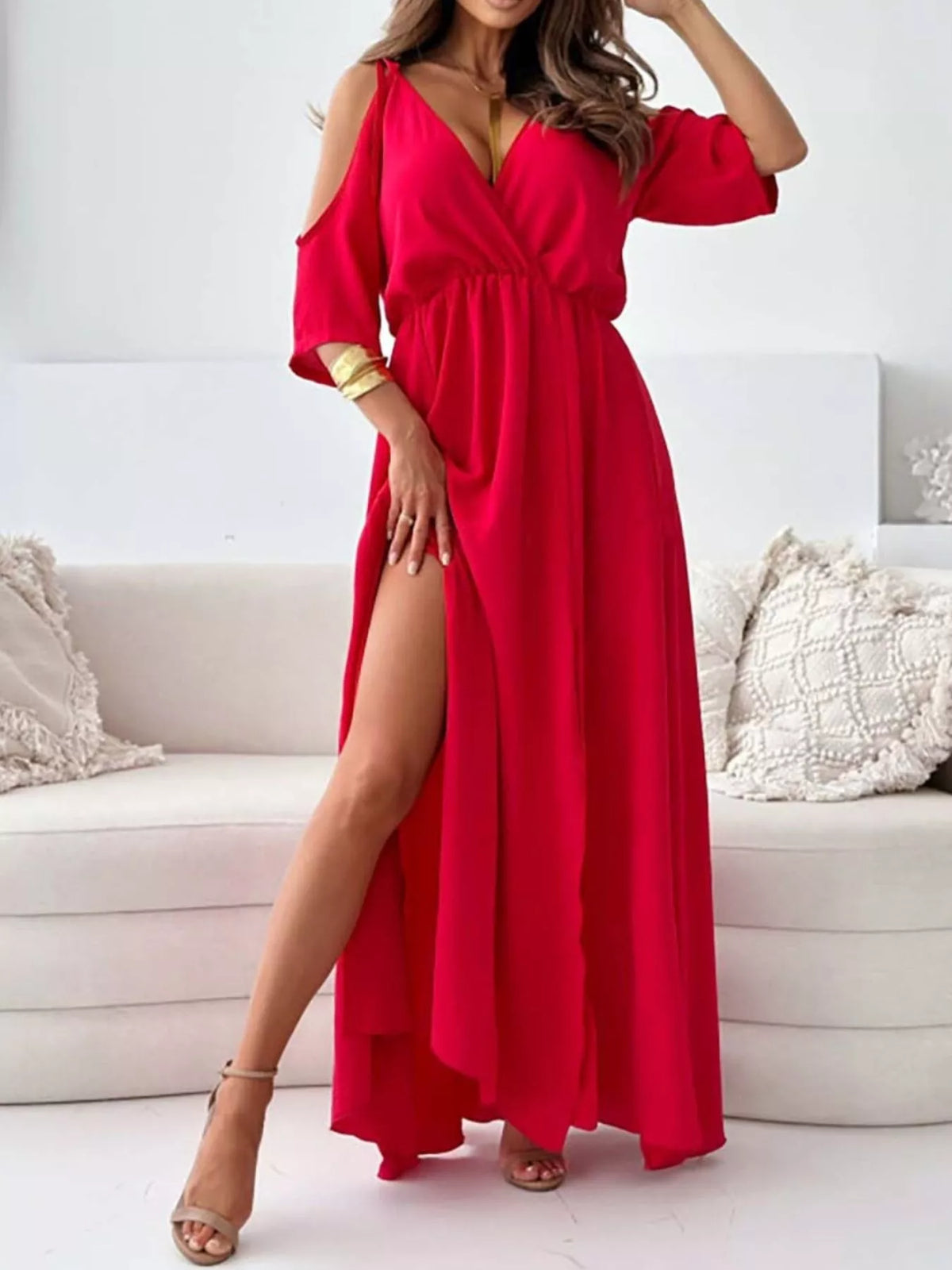 Slit Cold Shoulder Maxi Dress - Lilixa.store