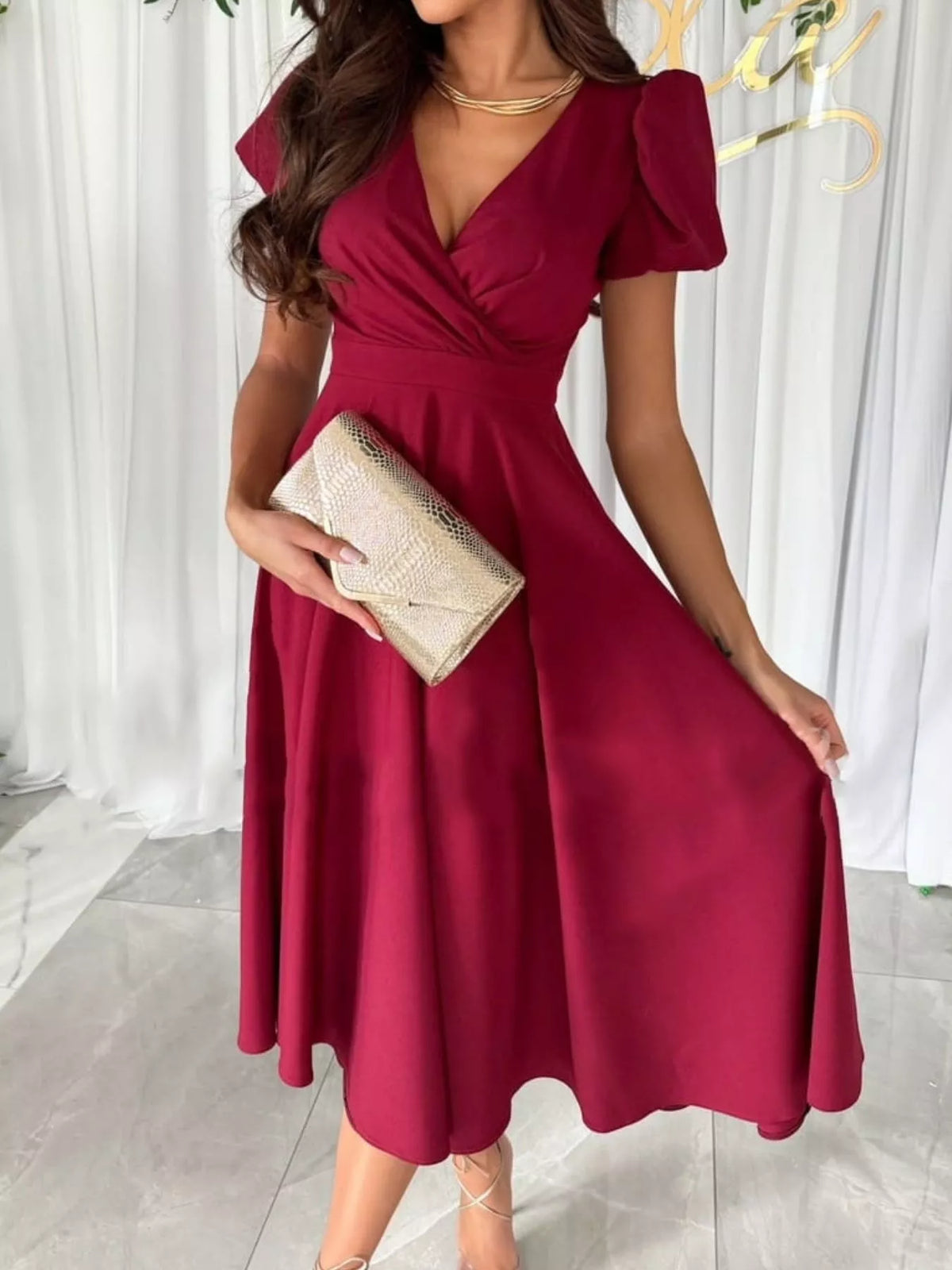 Surplice Puff Sleeve Midi Dress, view 2