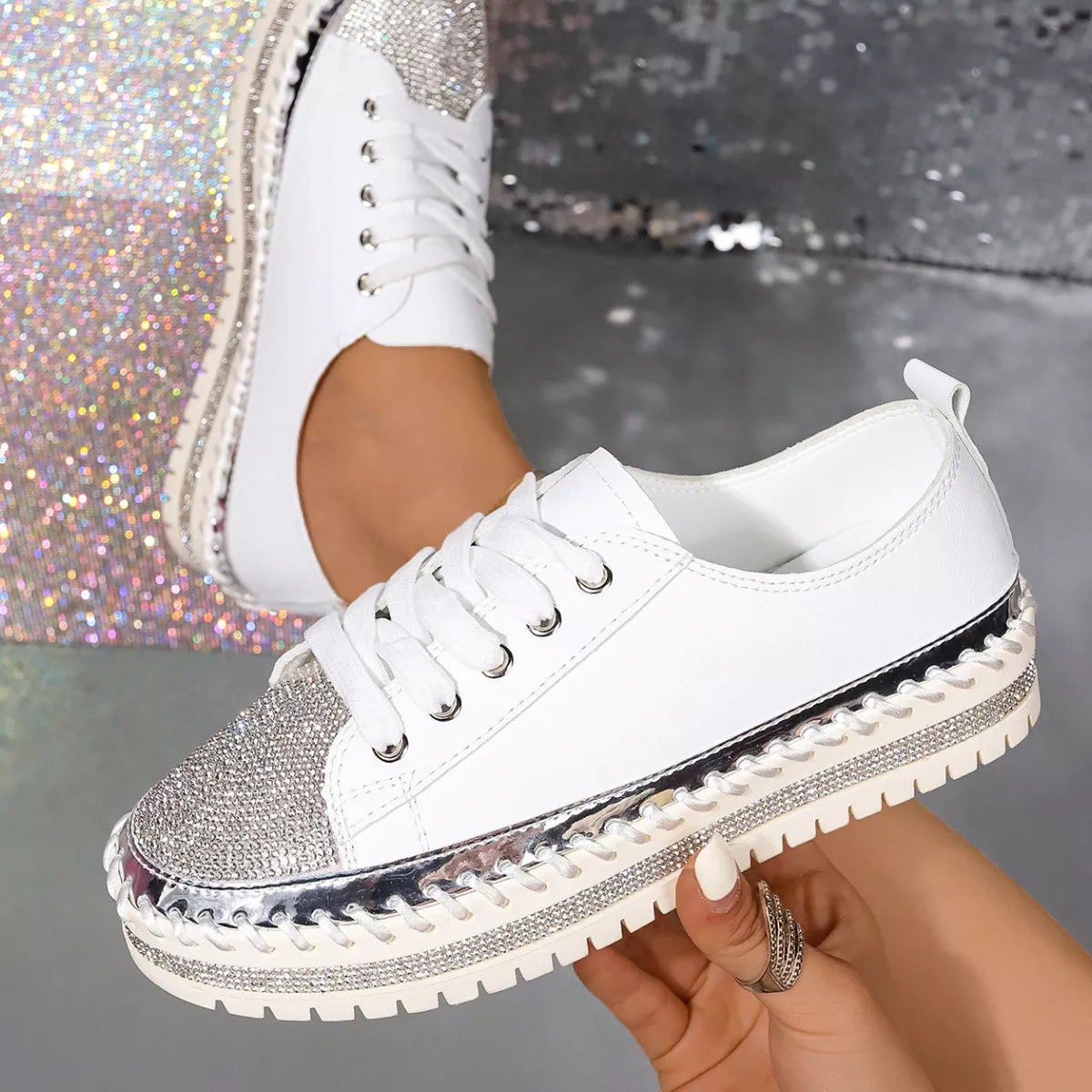 Rhinestone Round Toe Sneakers - Lilixa.store