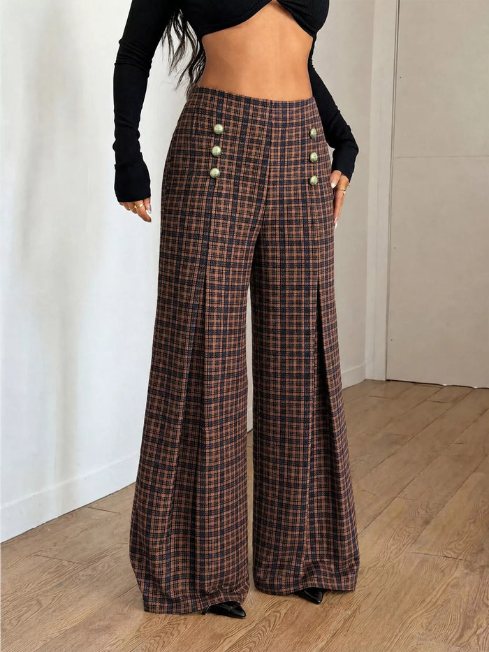 Plaid Wide-Leg Pants in Brown