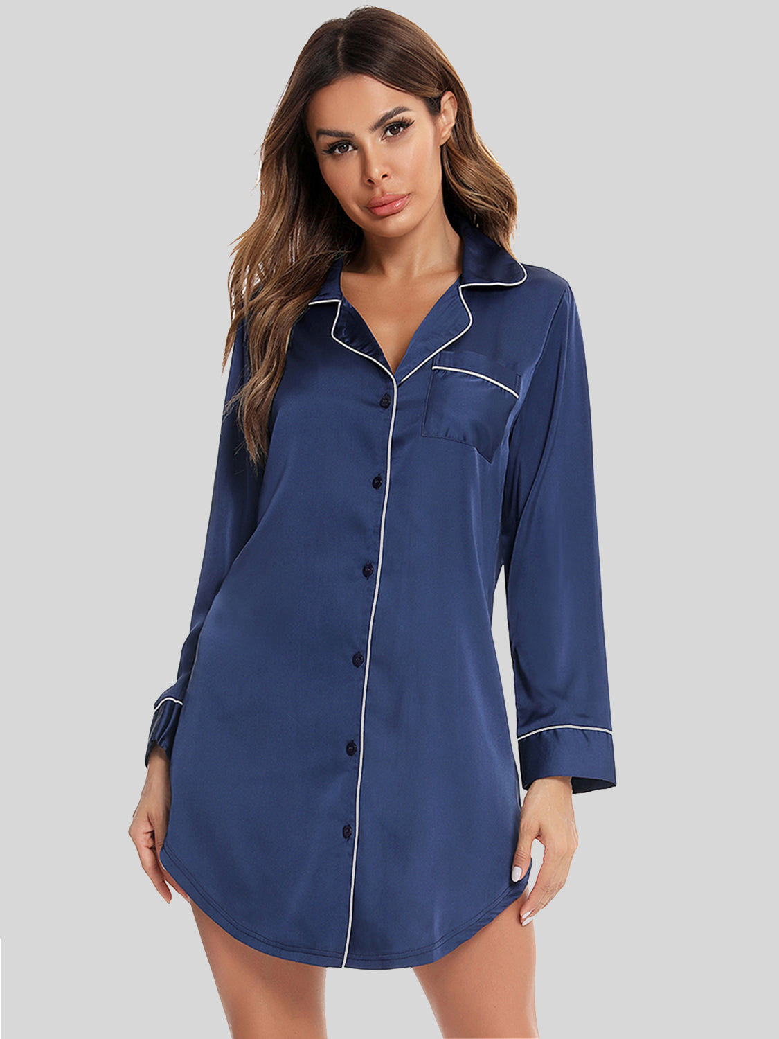 Button Up Lapel Collar Night Dress with Pocket - Lilixa.store