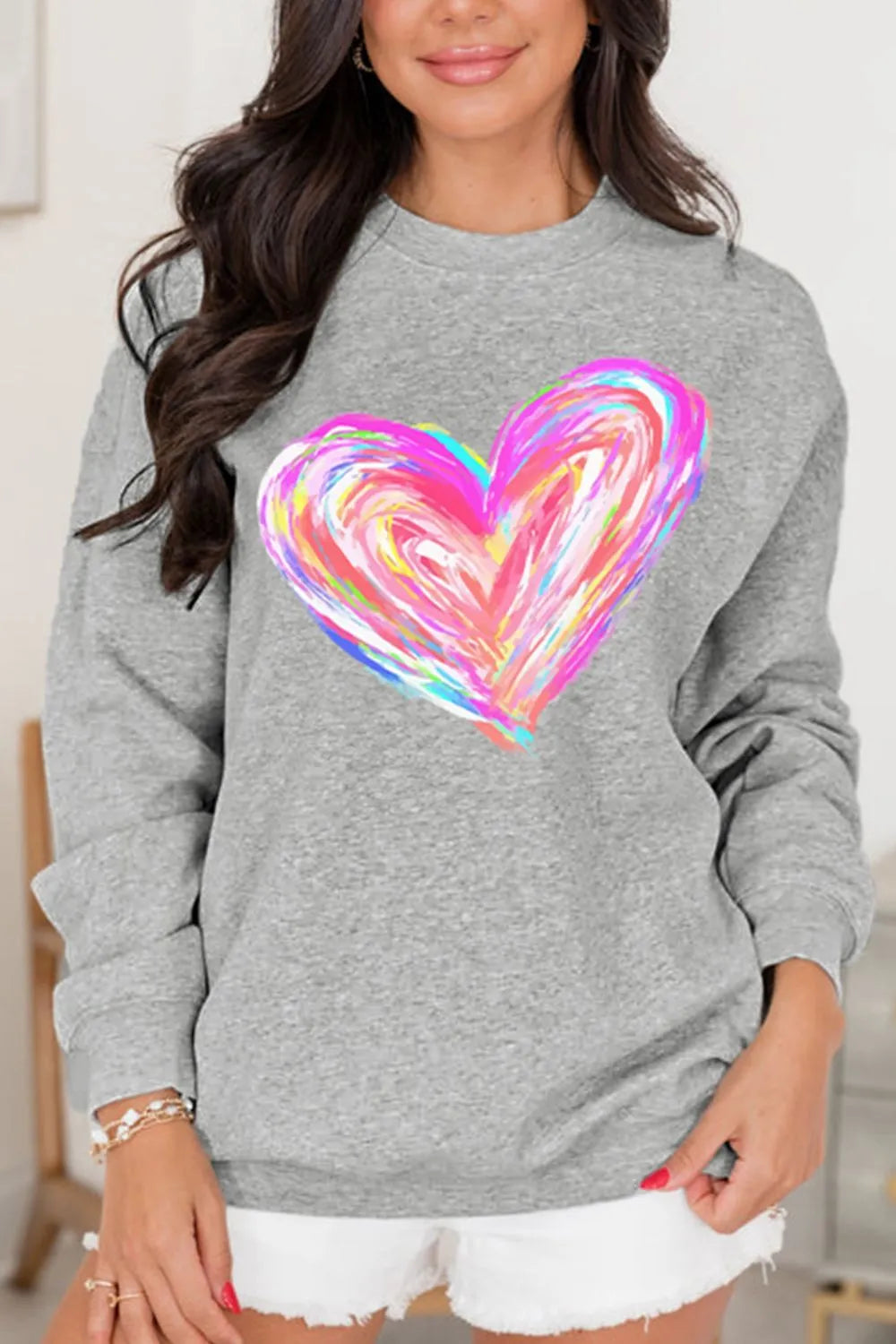 Valentine’s Day Heart Round Neck Drop Shoulder Sweatshirt - Lilixa.store