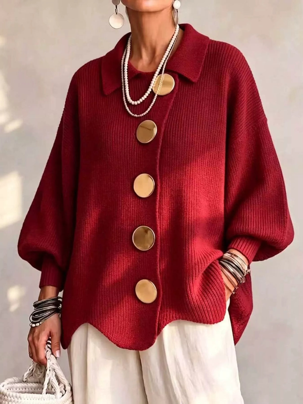 Full Size Gold Buttons Lantern Sleeve Cardigan Plus Size - Lilixa.store
