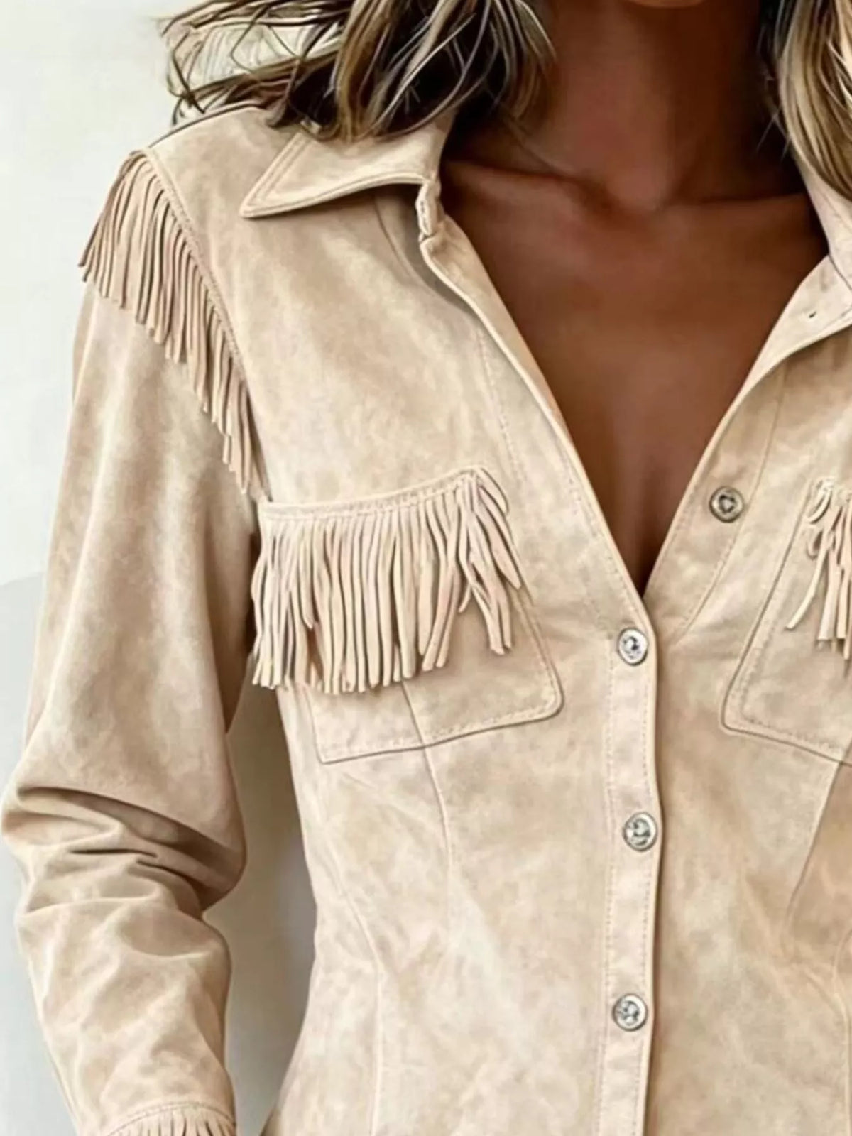 Full Size Fringed Snap Down Jacket Plus Size