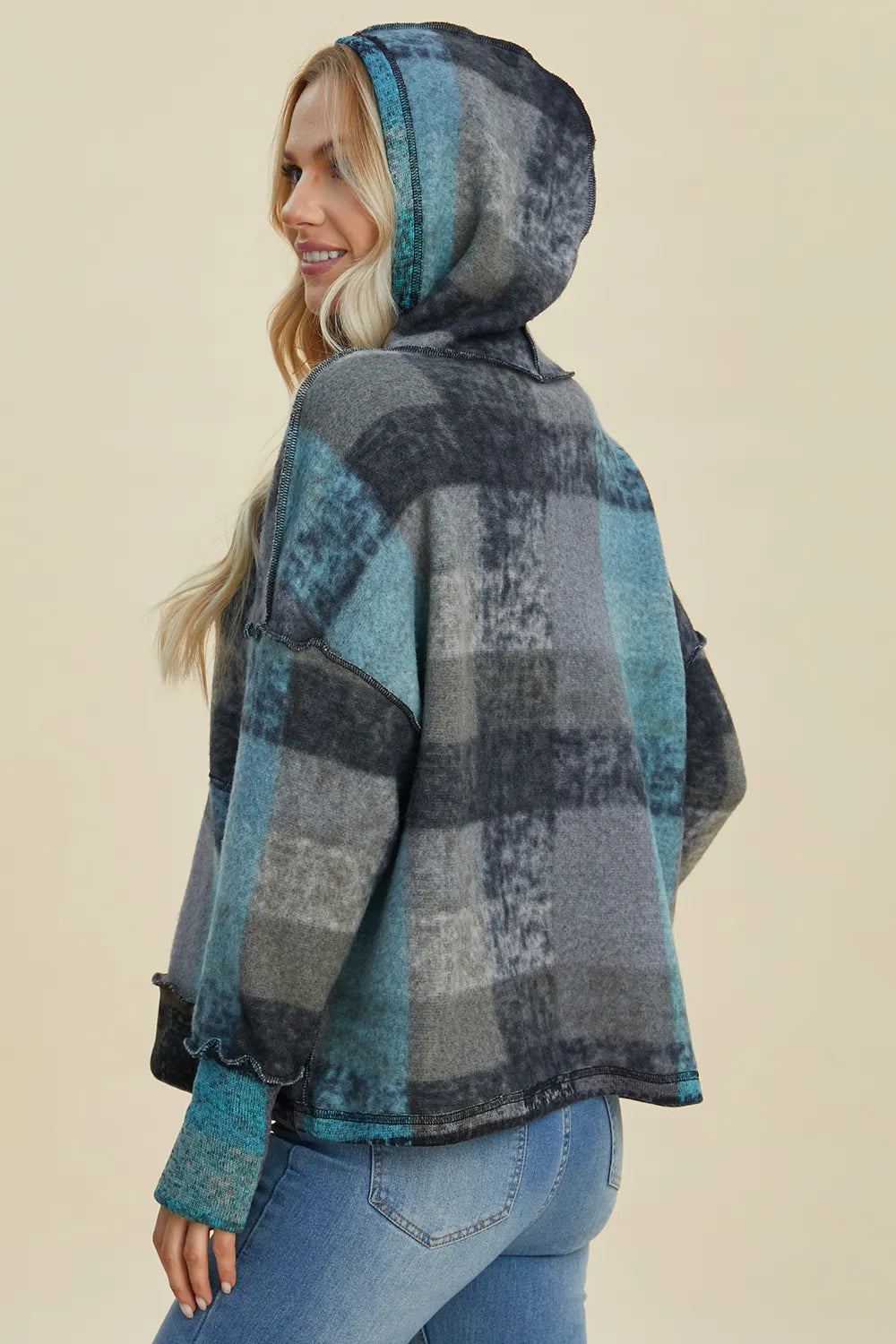 Double Take Full Size Plaid Dropped Shoulder Fleece Hoodie Plus Size - Lilixa.store
