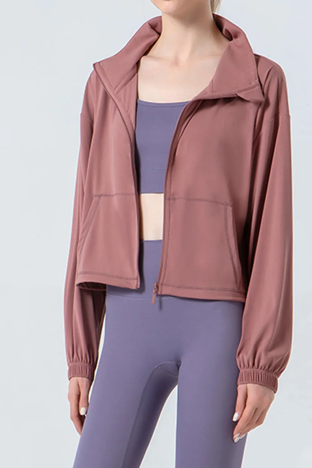 Drawstring Zip Up Dropped Shoulder Active Outerwear - Lilixa.store