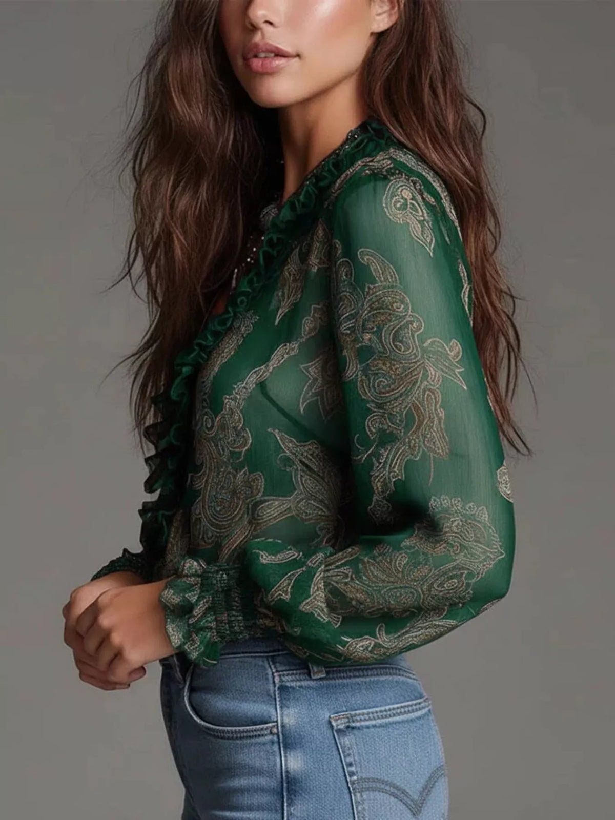 Full Size Paisley Print Ruffle Trim Zip-Front Blouse Plus Size, view 10