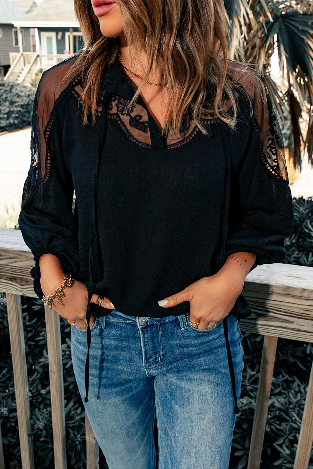 Embroidered Tie-Neck Puff Sleeve Blouse in Black