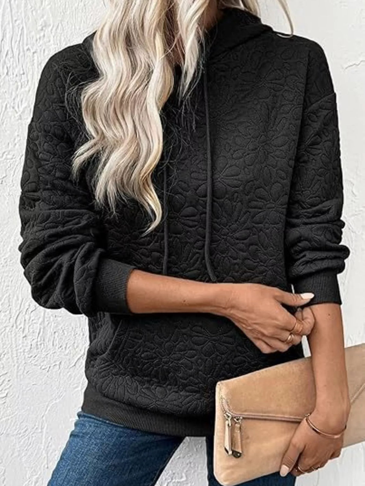 Textured Floral Embossed Drawstring Hoodie in Black, view 2