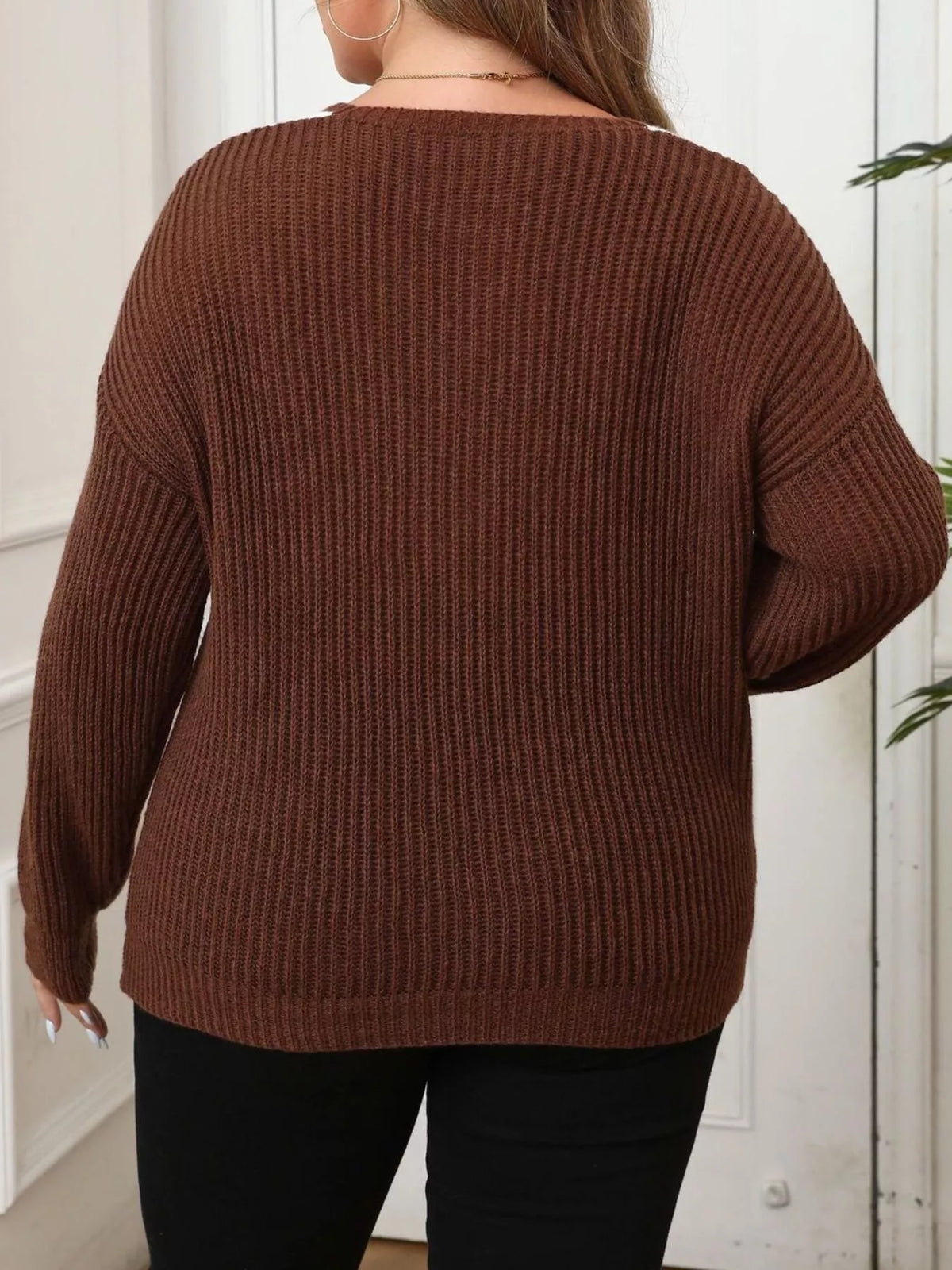 Plus Size Contrast Trim Button-Decorated Sweater - Lilixa.store