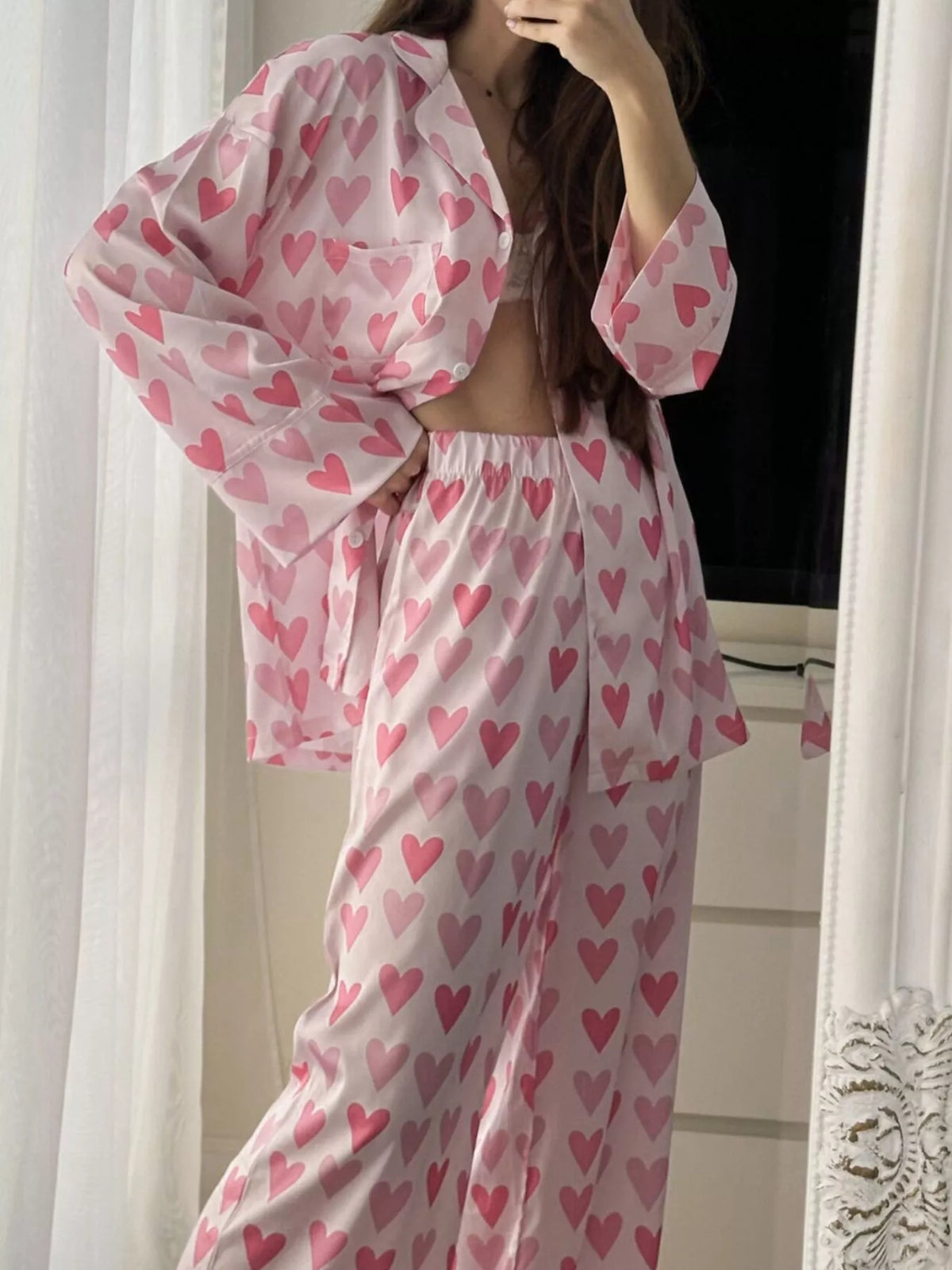 Heart Print Button Up Top and Pants Lounge Set - Lilixa.store