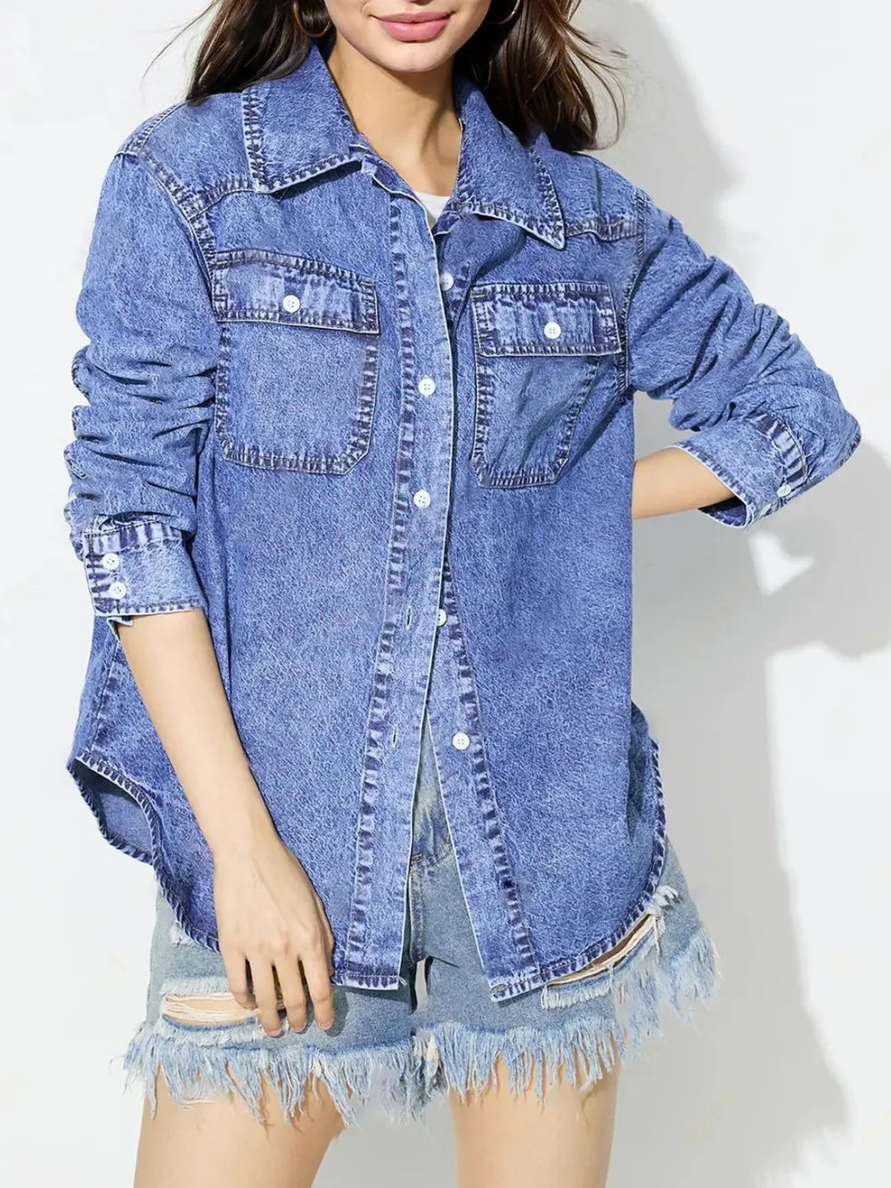 Curved Hem Collared Neck Denim Top - Lilixa.store