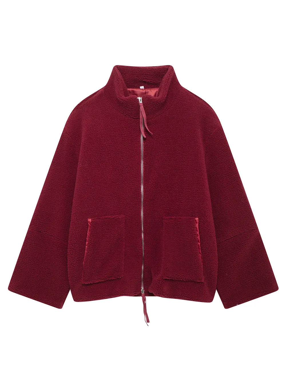 Turtleneck Zip Up Long Sleeve Plush Jacket in Burgundy