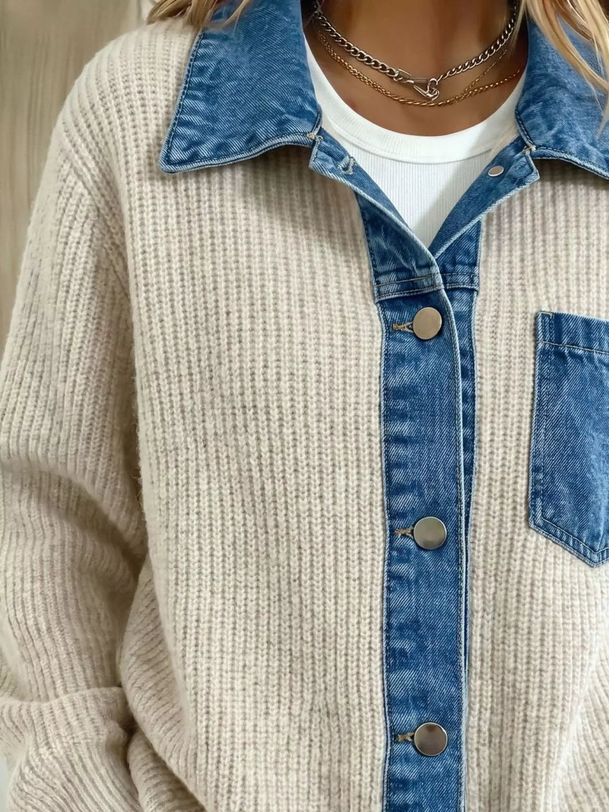 Denim Trim Button Up Cardigan - Lilixa.store