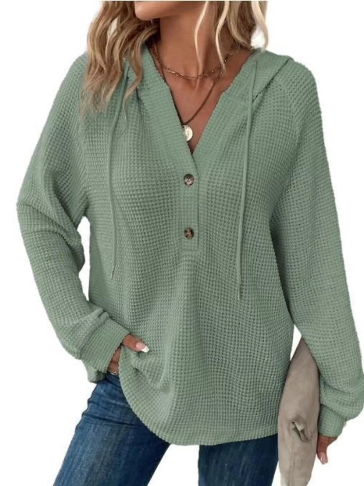Full Size Waffle Knit Half-Button Hoodie Plus Size - Lilixa.store