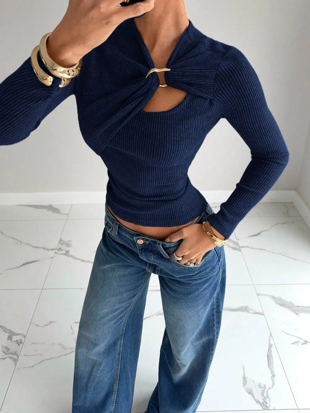 Ribbed Knit Long Sleeve T-Shirt with Metal Ring Cutout Detail, view 7