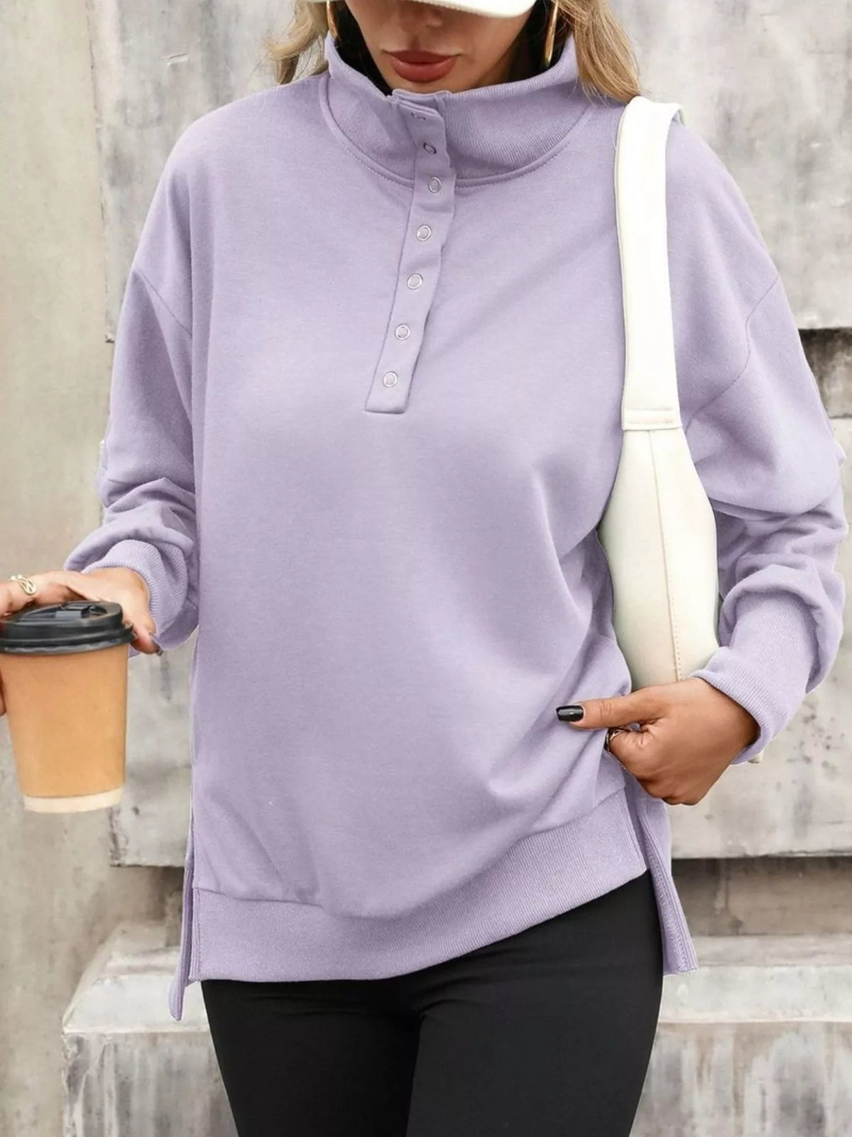 Side Slit Half Snap Sweatshirt - Lilixa.store