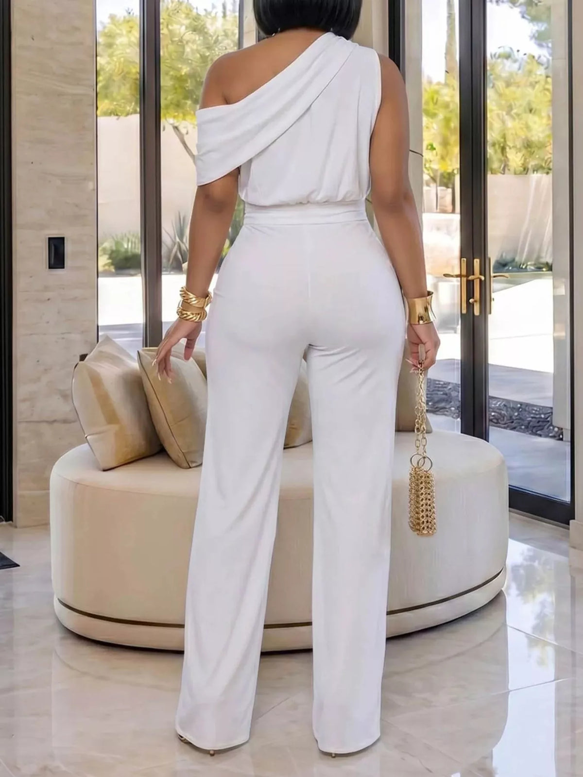 One-Shoulder Draped Wide Leg Jumpsuit