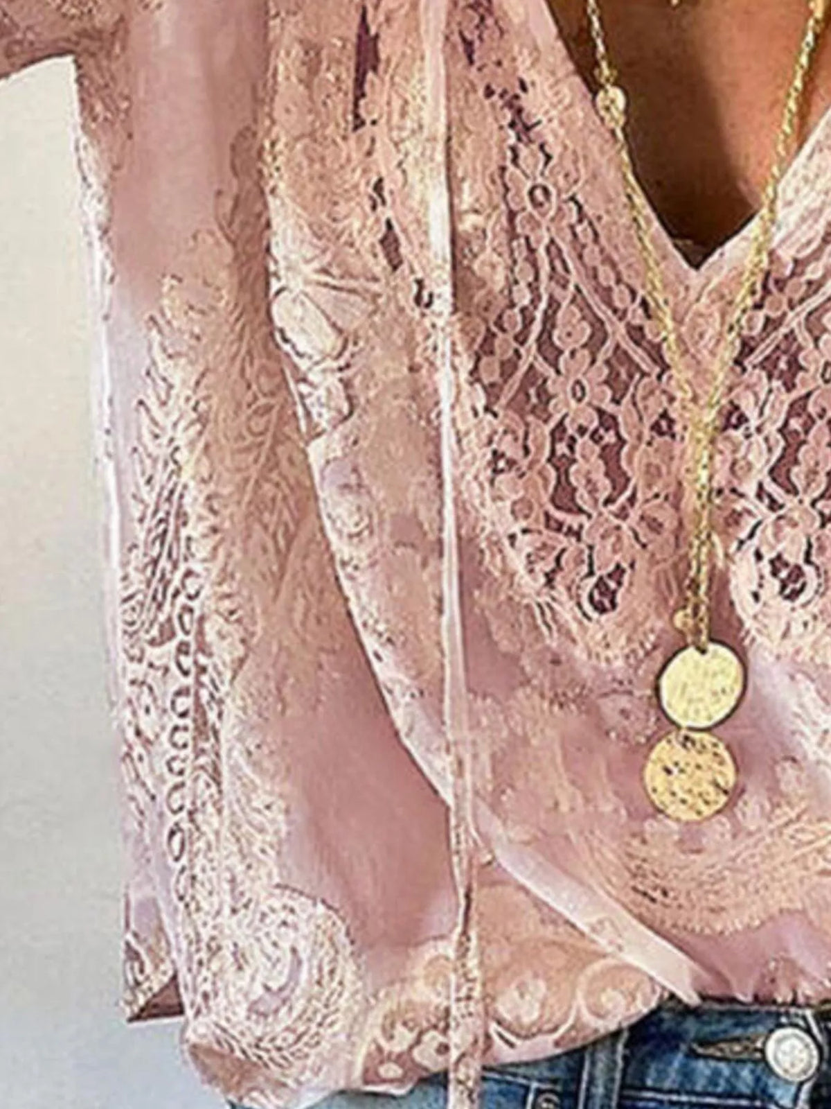 Lace Tie Neck Long Sleeve Blouse, view 4