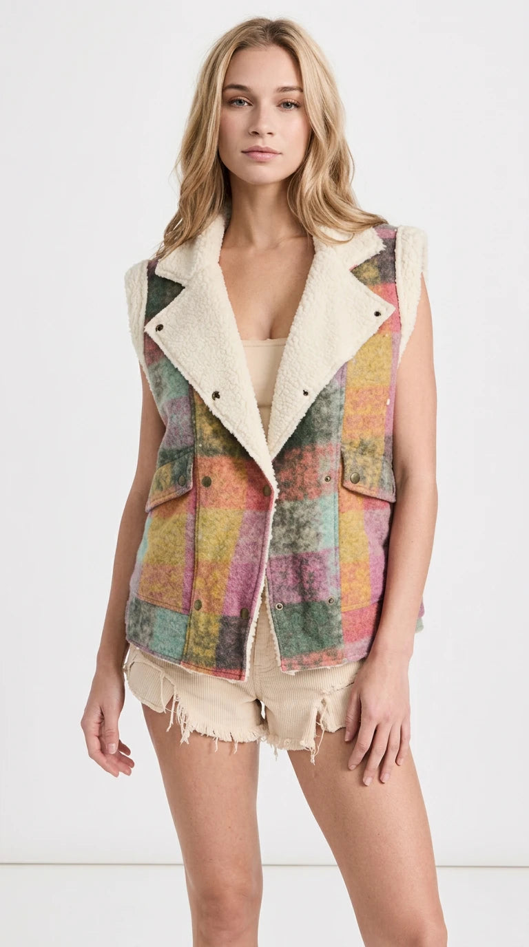 Double Take Full Size Snap Down Plaid Fleece Vest Coat with Pockets in Multicolored Plaid