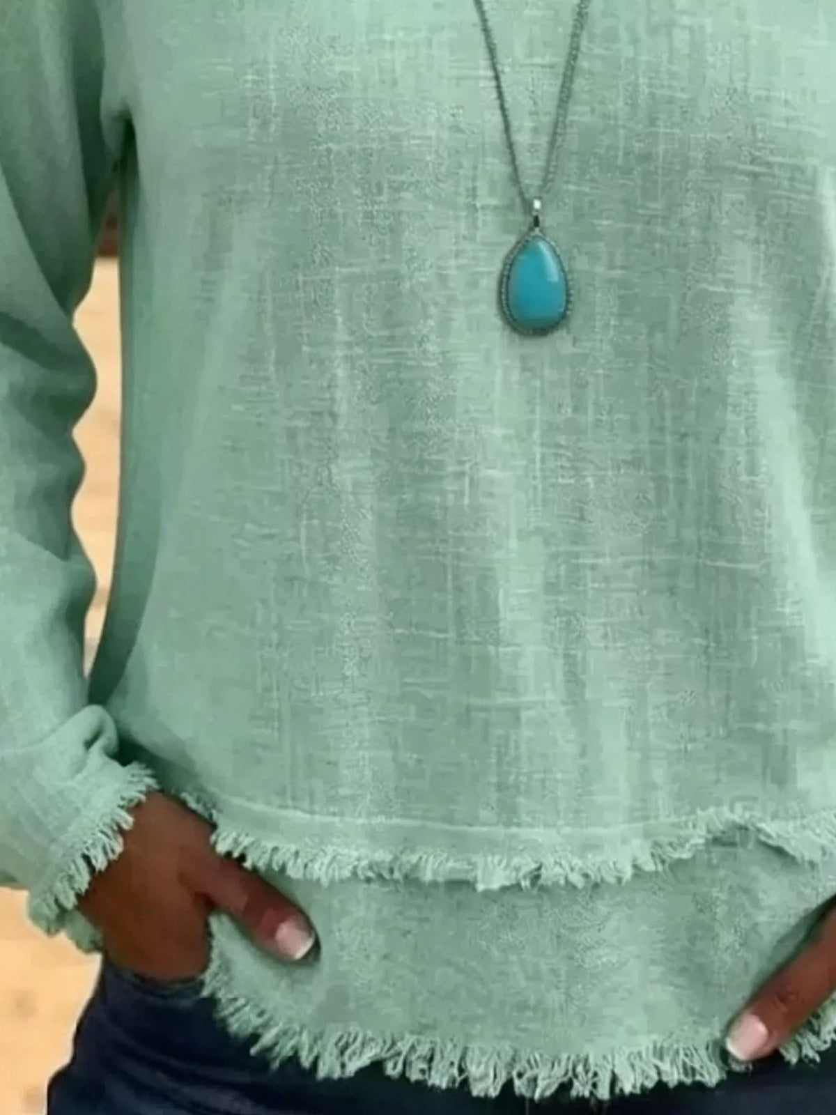 V-Neck Long Sleeve Blouse with Frayed Hem Detail - Lilixa.store