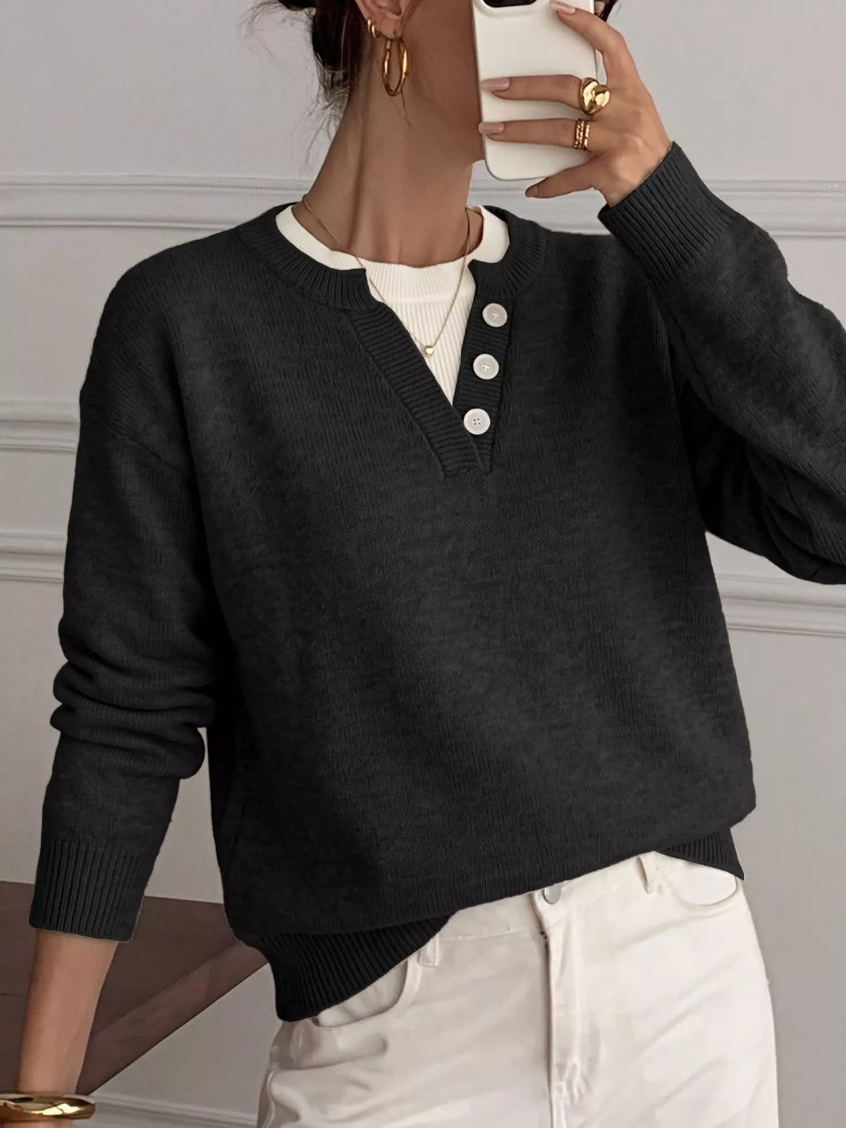 Decor Button-Placket Ribbed Knit Sweater
