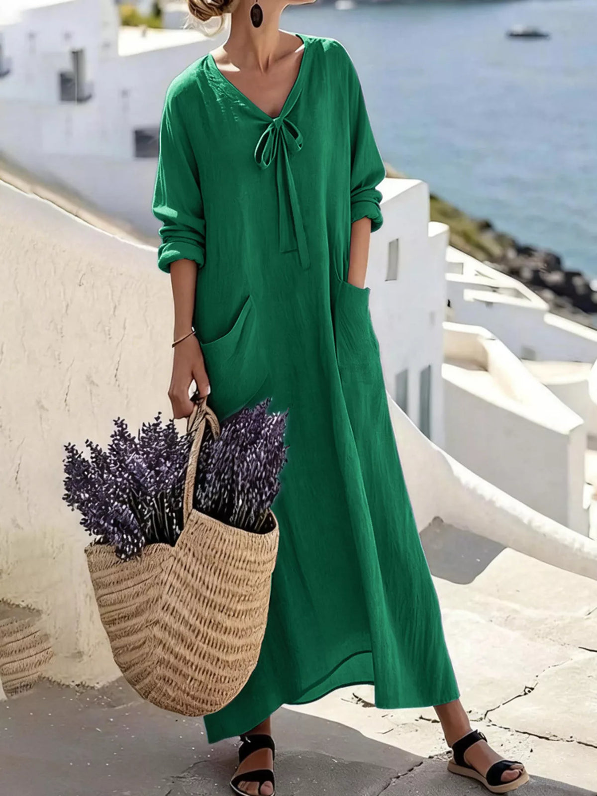 Full Size Long Sleeve Loose Maxi Dress with Pockets Plus Size in Green