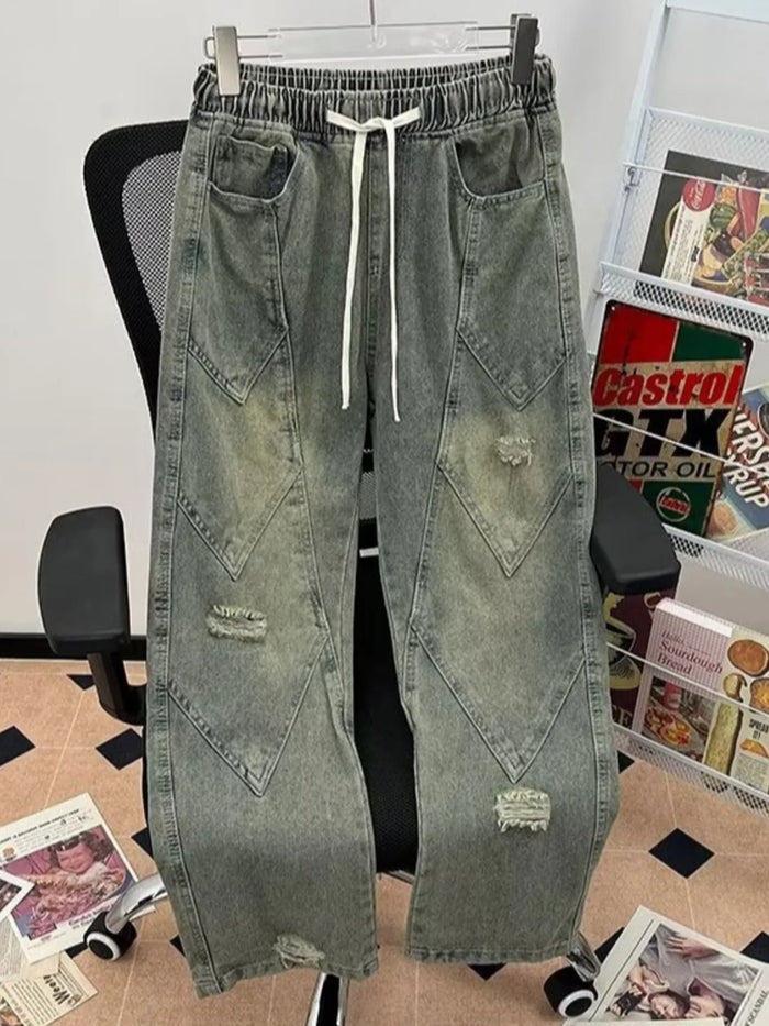 Men's Plus Size Distressed Vintage Wash Wide-Leg Jeans - Lilixa.store