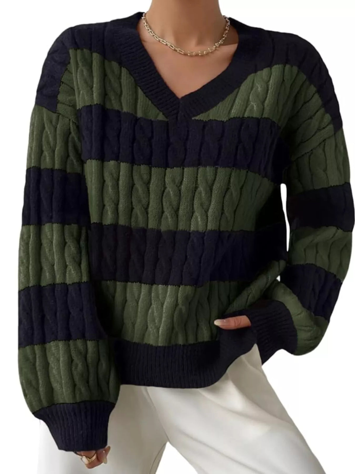 V-Neck Striped Cable Knit Sweater - Lilixa.store