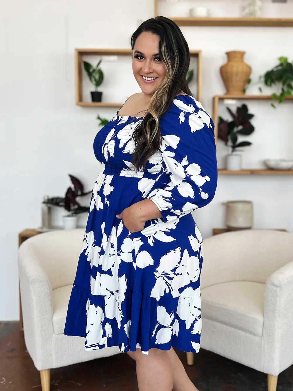 Double Take Full Size Floral Ruffle Hem Smocked Dress with Pockets - Lilixa.store