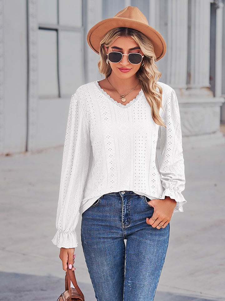 Eyelet V-Neck Flounce Sleeve Blouse - Lilixa.store