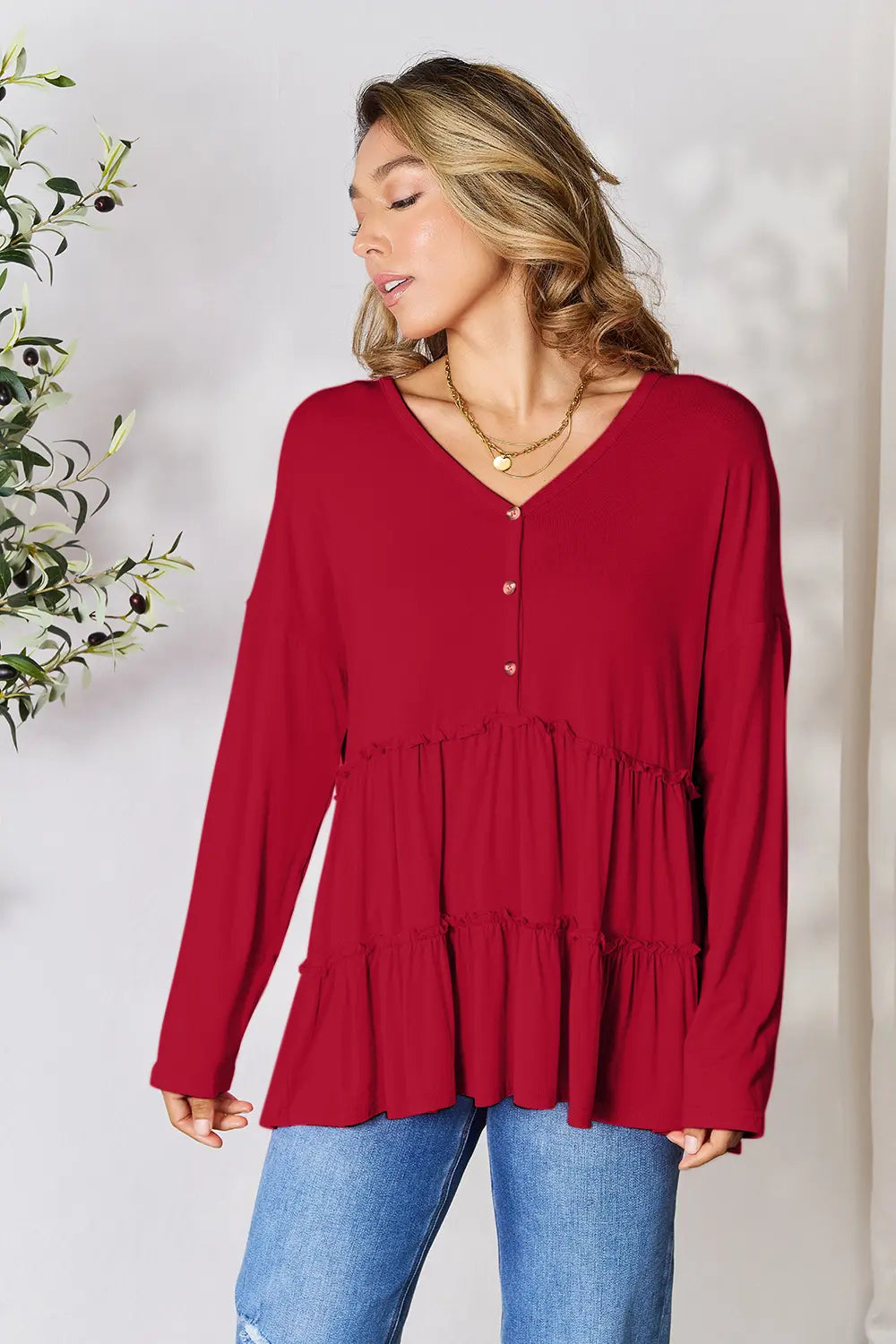 Double Take Half Button Long Sleeve Ruffle Hem Blouse - Lilixa.store