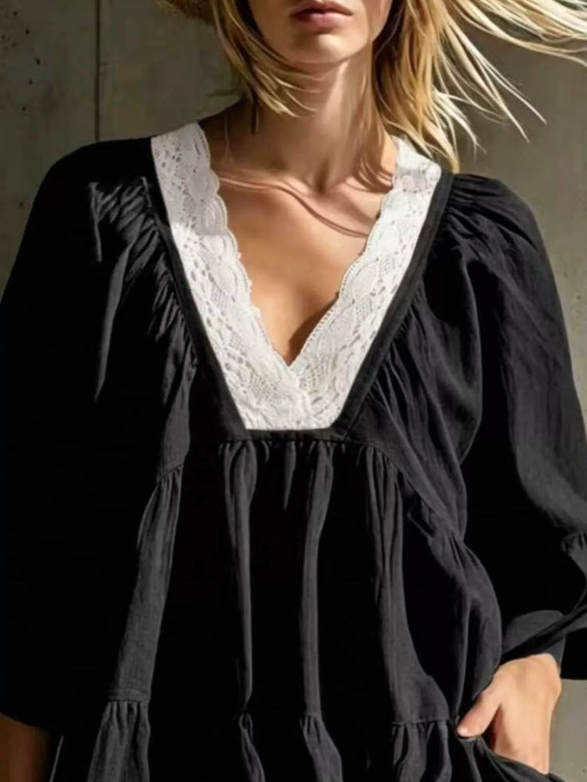 Full Size Lace Trim Puff Sleeve Mini Dress Plus Size