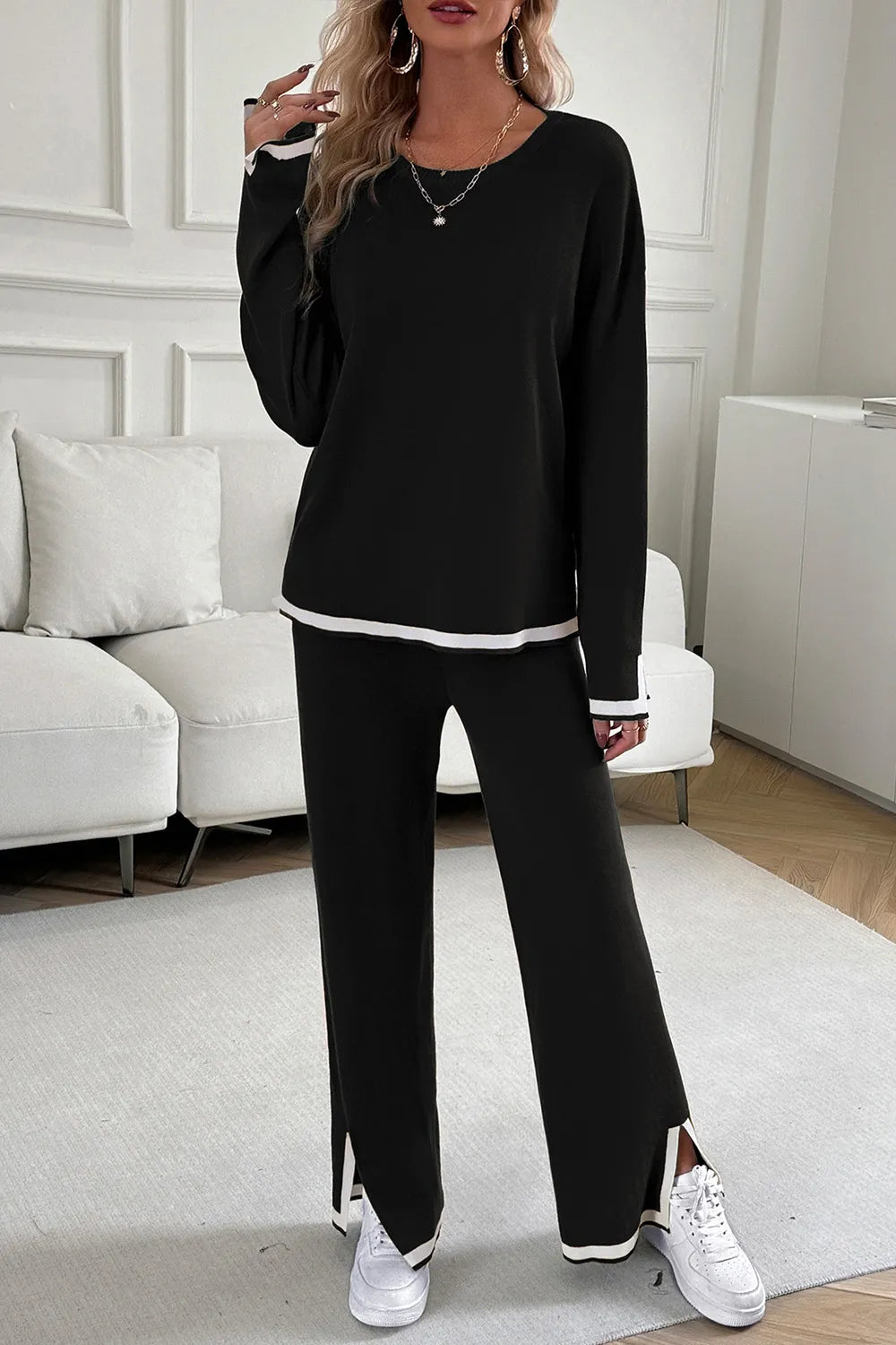 Devine Contrast Trim Round Neck Top and Pants Set - Lilixa.store