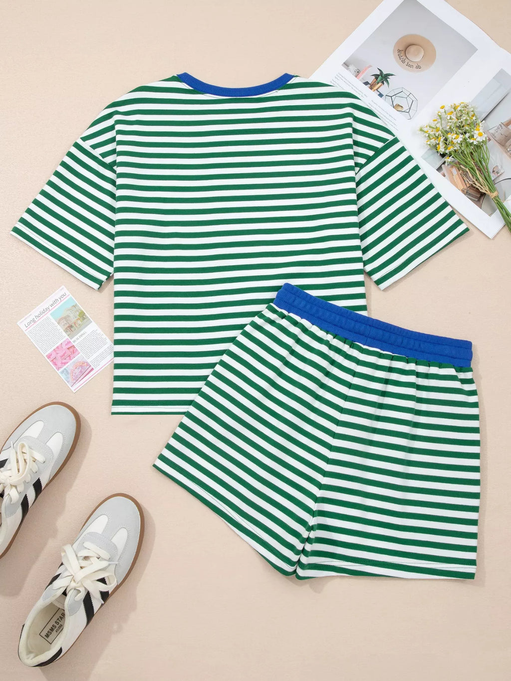 Stripe Boxy Tee and Drawstring Elastic Waist Shorts Set - Lilixa.store
