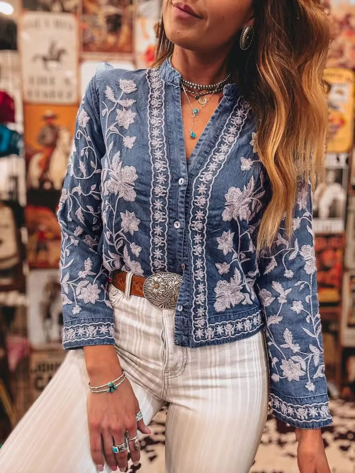 Floral Embroidered Button Up Denim Shirt - Lilixa.store