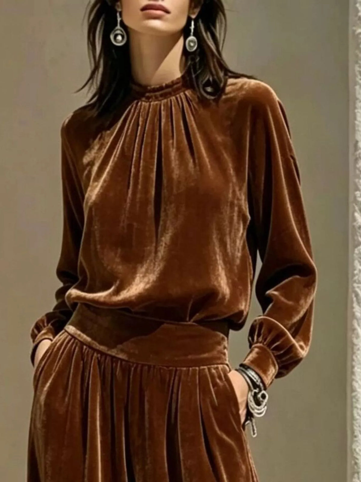 Velvet Mock Neck Long Sleeve Top and Wide-Leg Pants Set - Lilixa.store