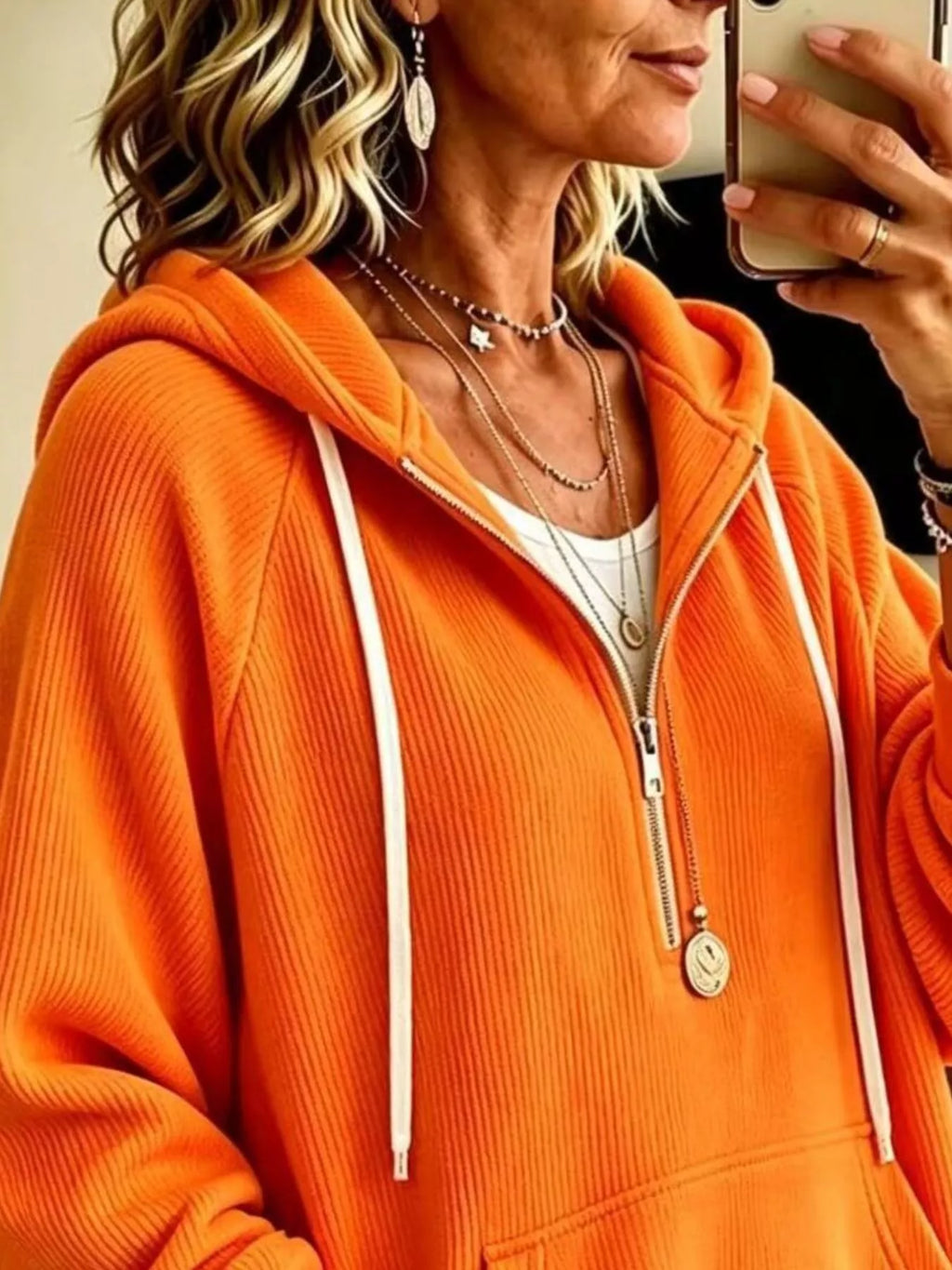 Ribbed Knit Quarter-Zip Hoodie with Kangaroo Pocket - Lilixa.store