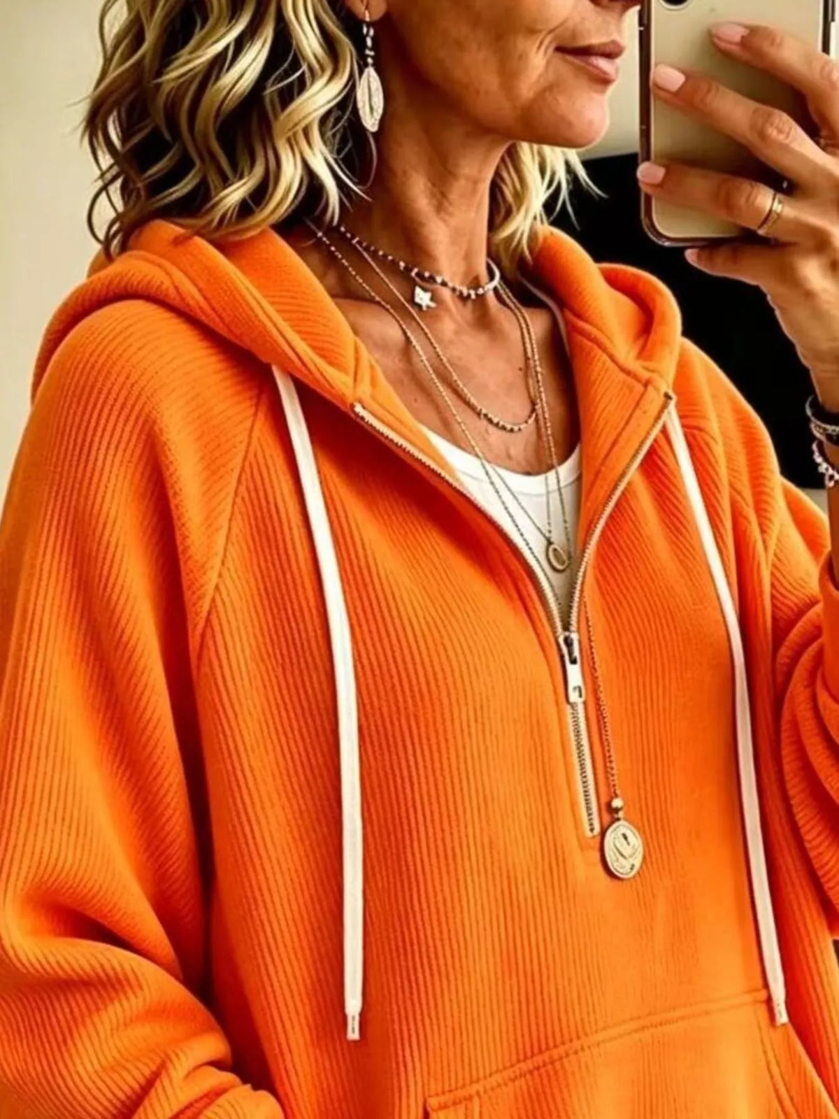 Ribbed Knit Quarter-Zip Hoodie with Kangaroo Pocket - Lilixa.store