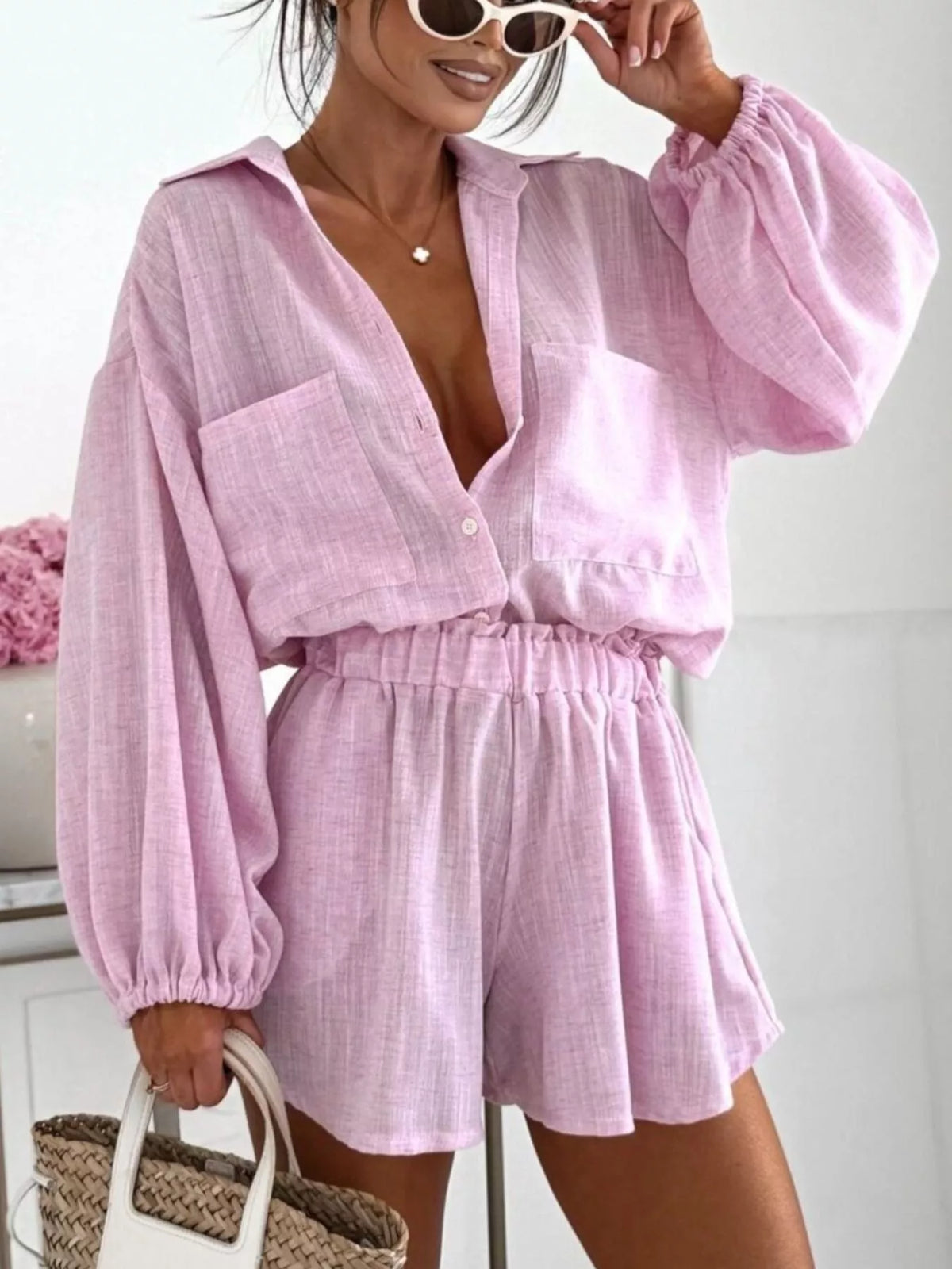 Long Sleeve Shirt and High-Waisted Shorts Set - Lilixa.store