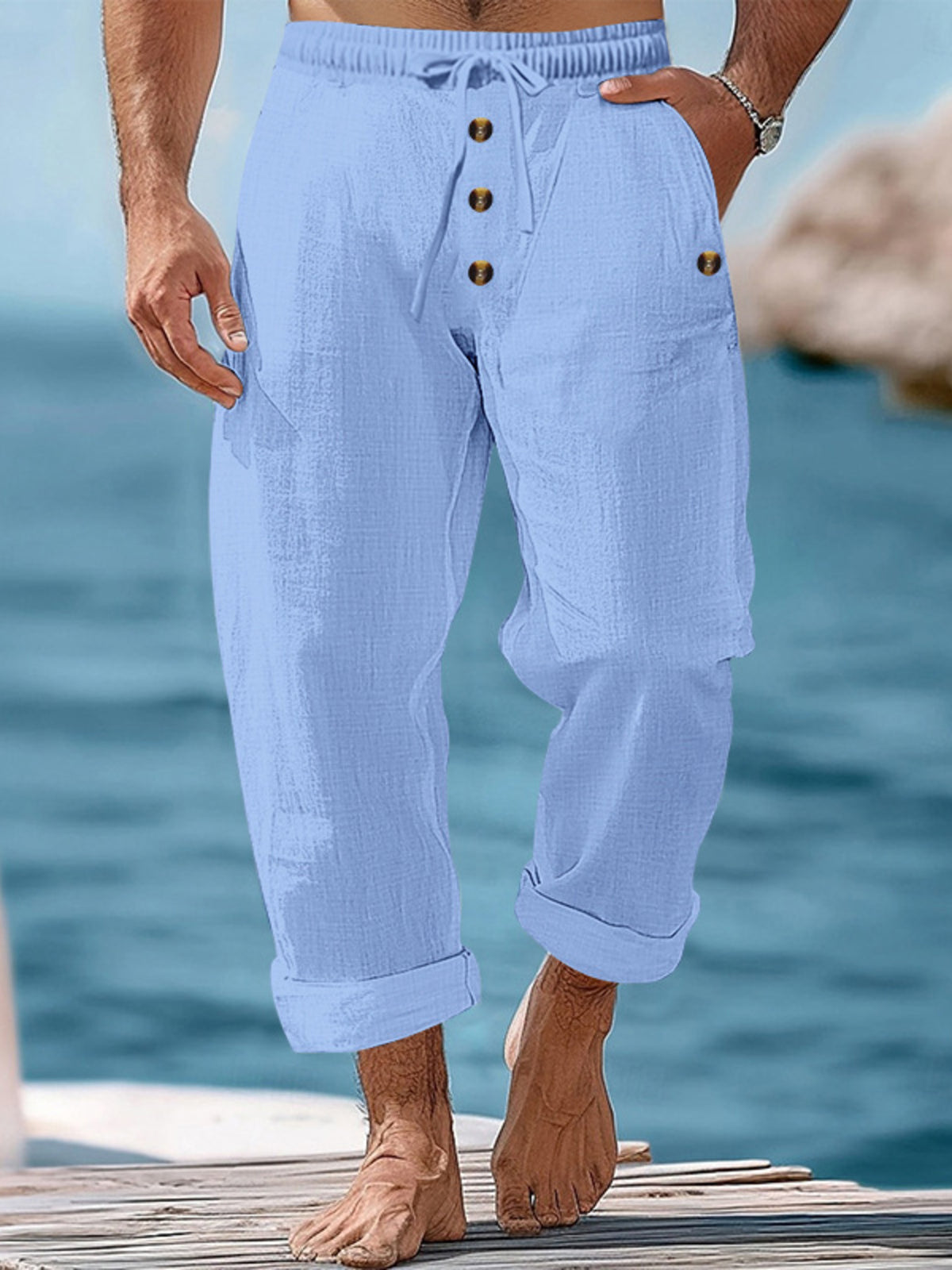 Men's Full Size Button-Fly Drawstring Pants Plus Size in Light Blue