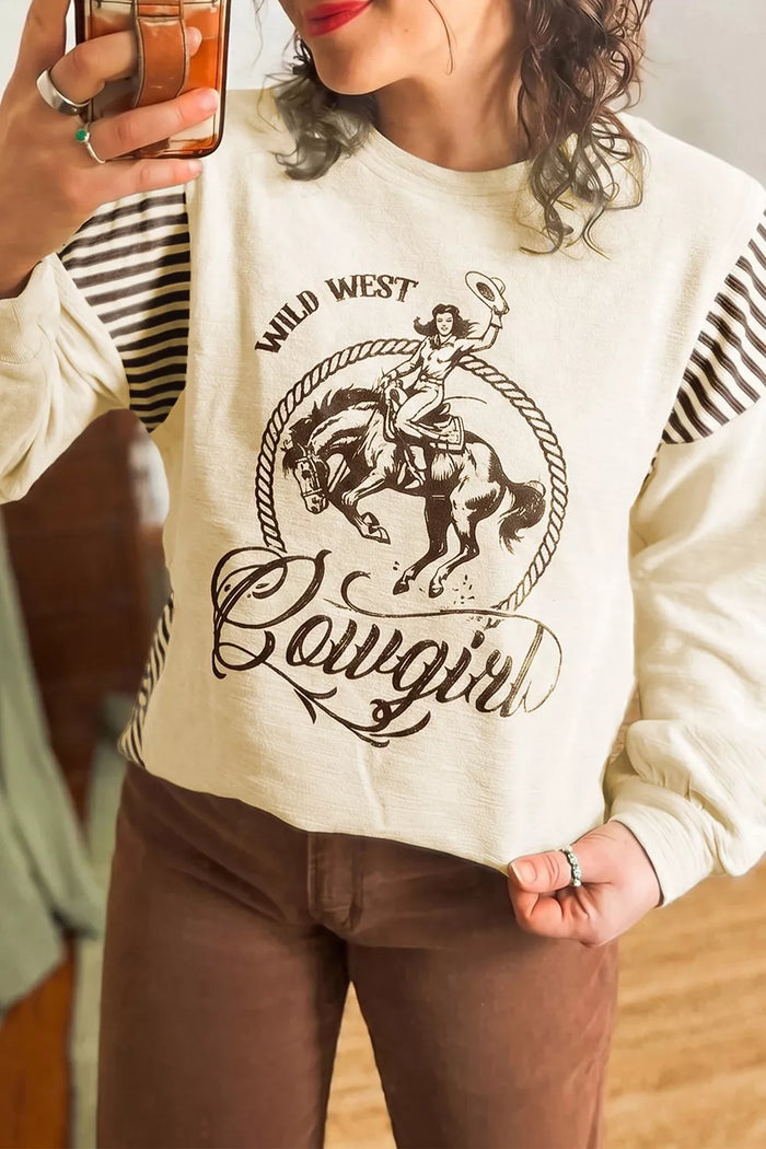 Western Graphic Striped Detail Long Sleeve Casual Top in Beige