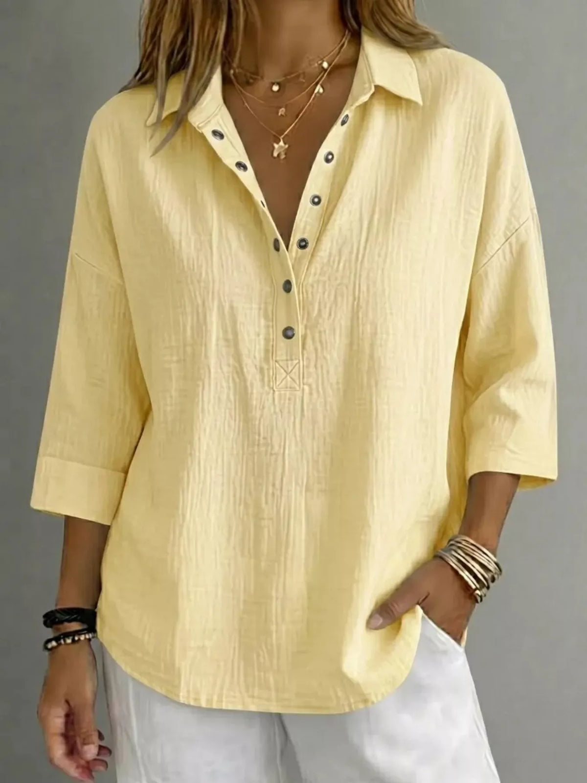 Full Size Snap Down 3/4 Sleeves Blouse Plus Size - Lilixa.store