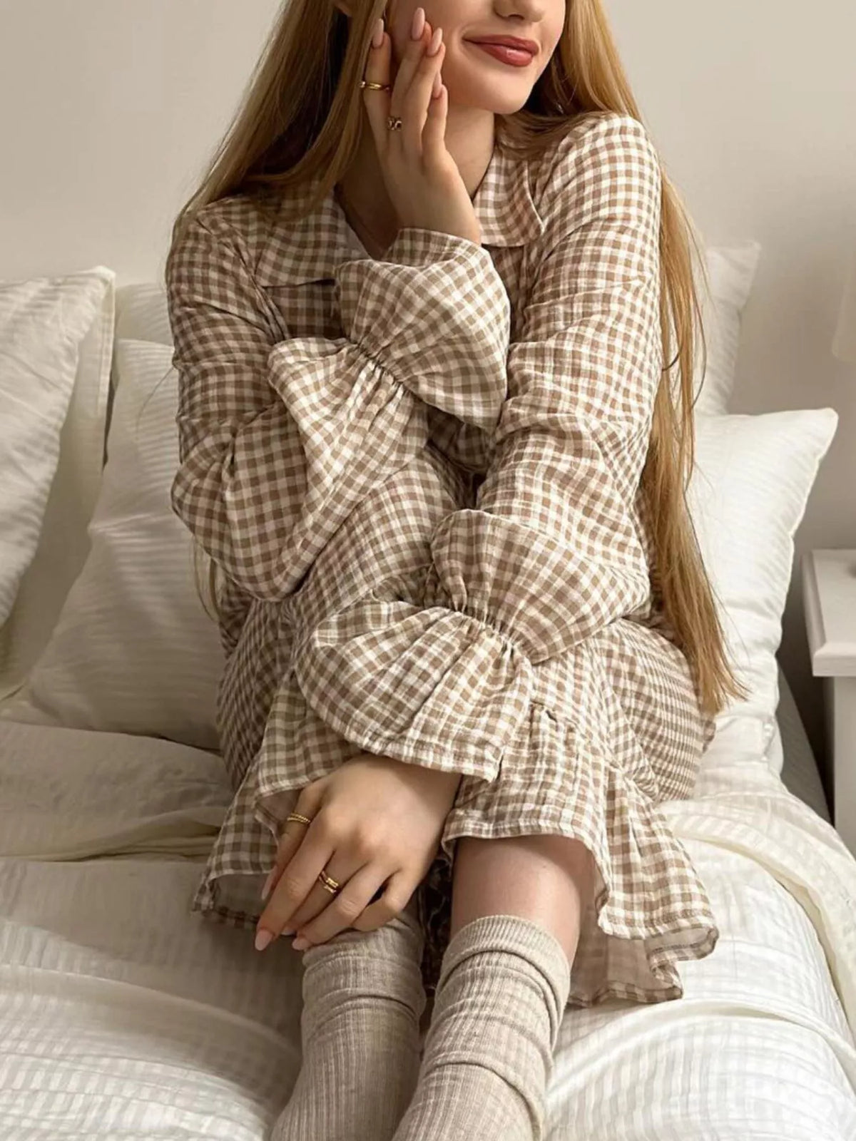 Gingham Ruffle-Trim Top and Pants Lounge Set - Lilixa.store